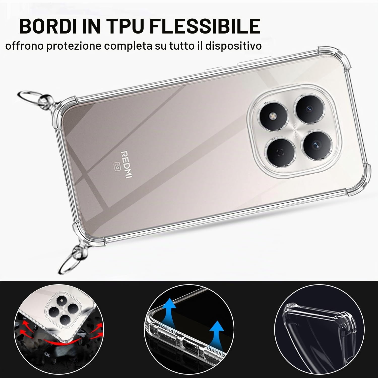 Custodia Con Cordino Regolabile Per Xiaomi Redmi Note 15 Pro 5G, TPU Trasparente, Antiurto E Antigraffio, Colore Nero - 5
