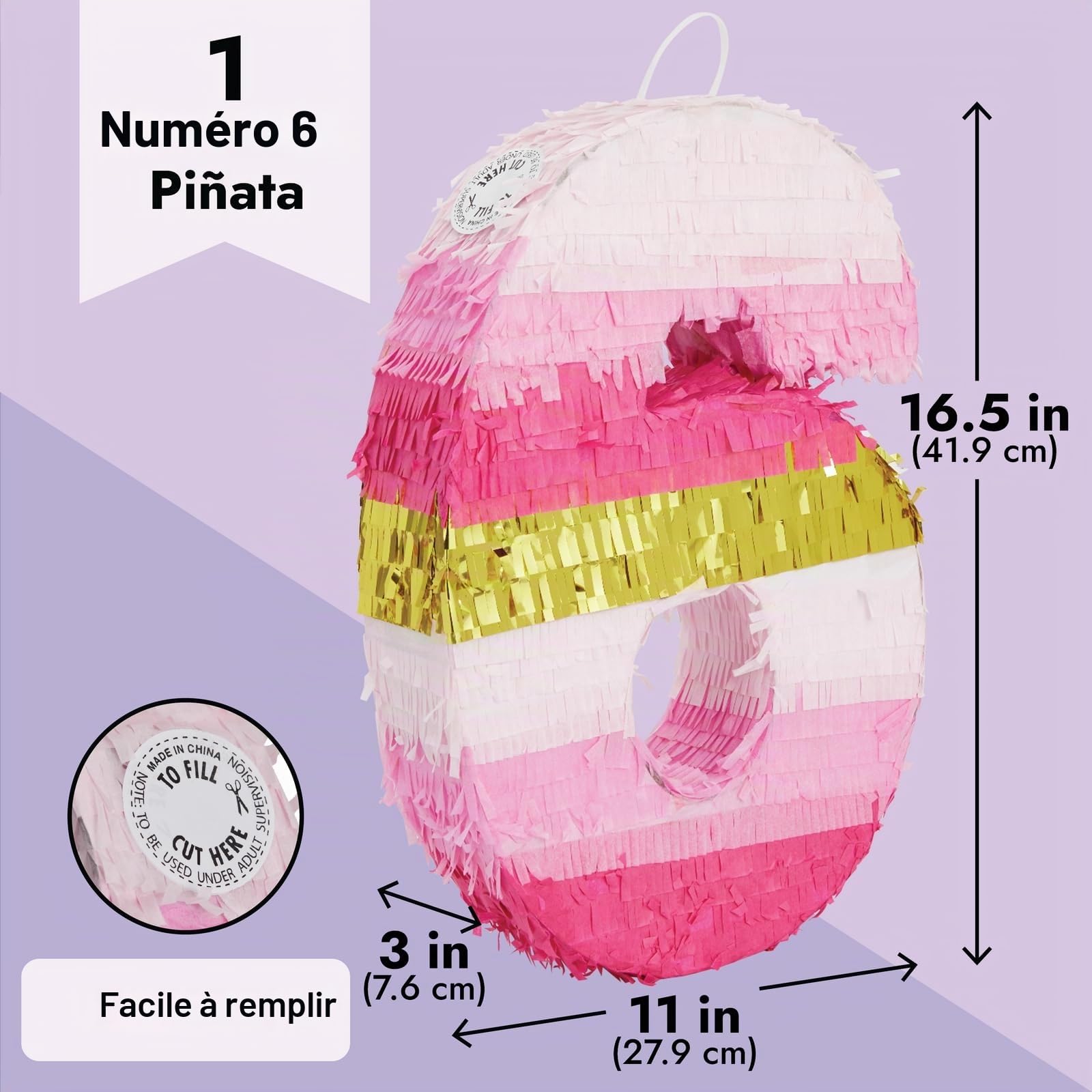 Piñata en forme de chiffre 6 pour décoration de fête d'anniversaire de fille Rose et doré Taille S 41,9 x 27,9 cm