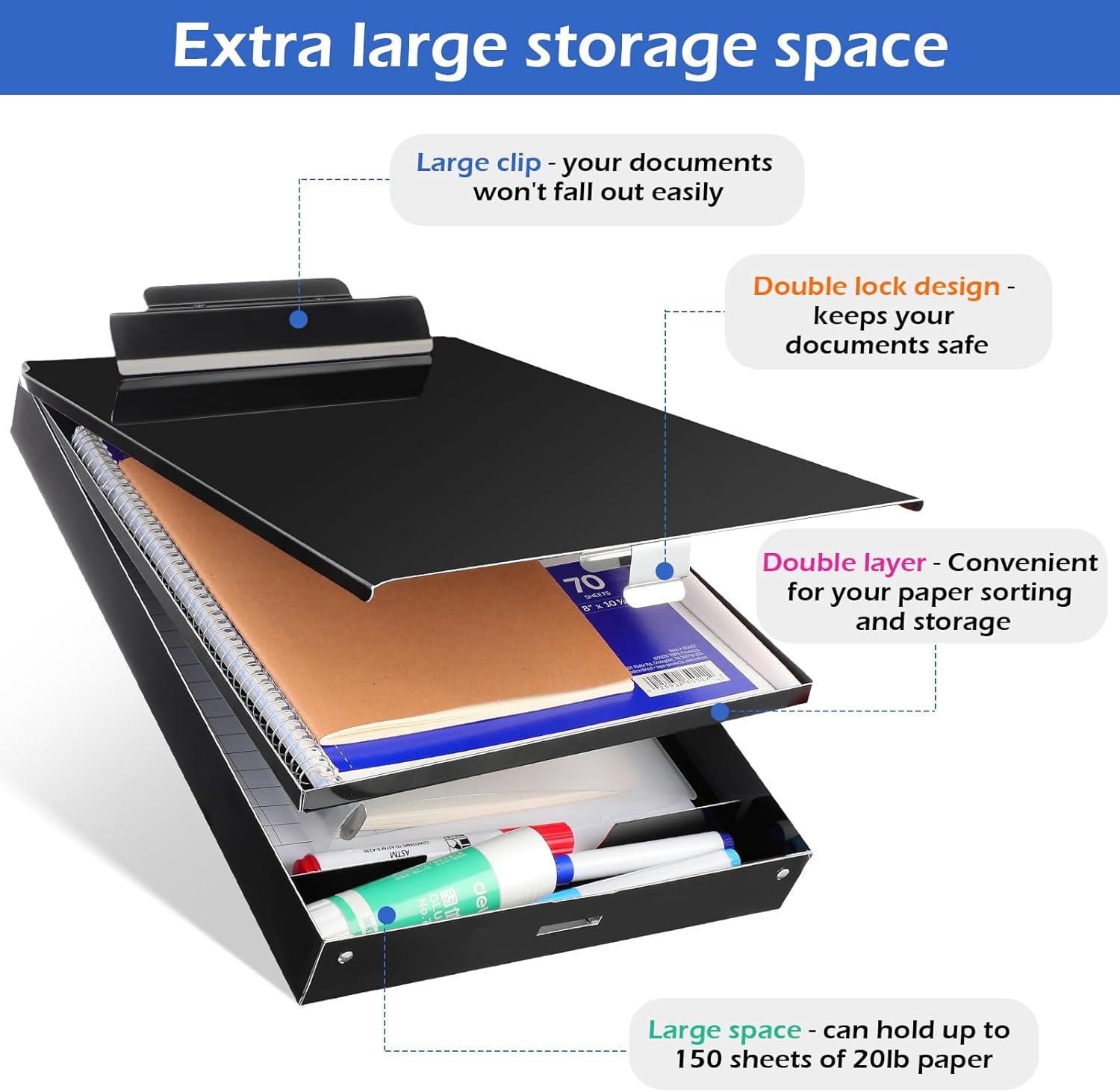 Janlaugh 1 Pieces Metal Storage Clipboard Letter Size Heavy Duty Aluminum Clip Board 14'' x 9.06'' x 2.95'' Contractor Clipboard Dual Storage Form Holder Paper Holder with High Capacity Clip