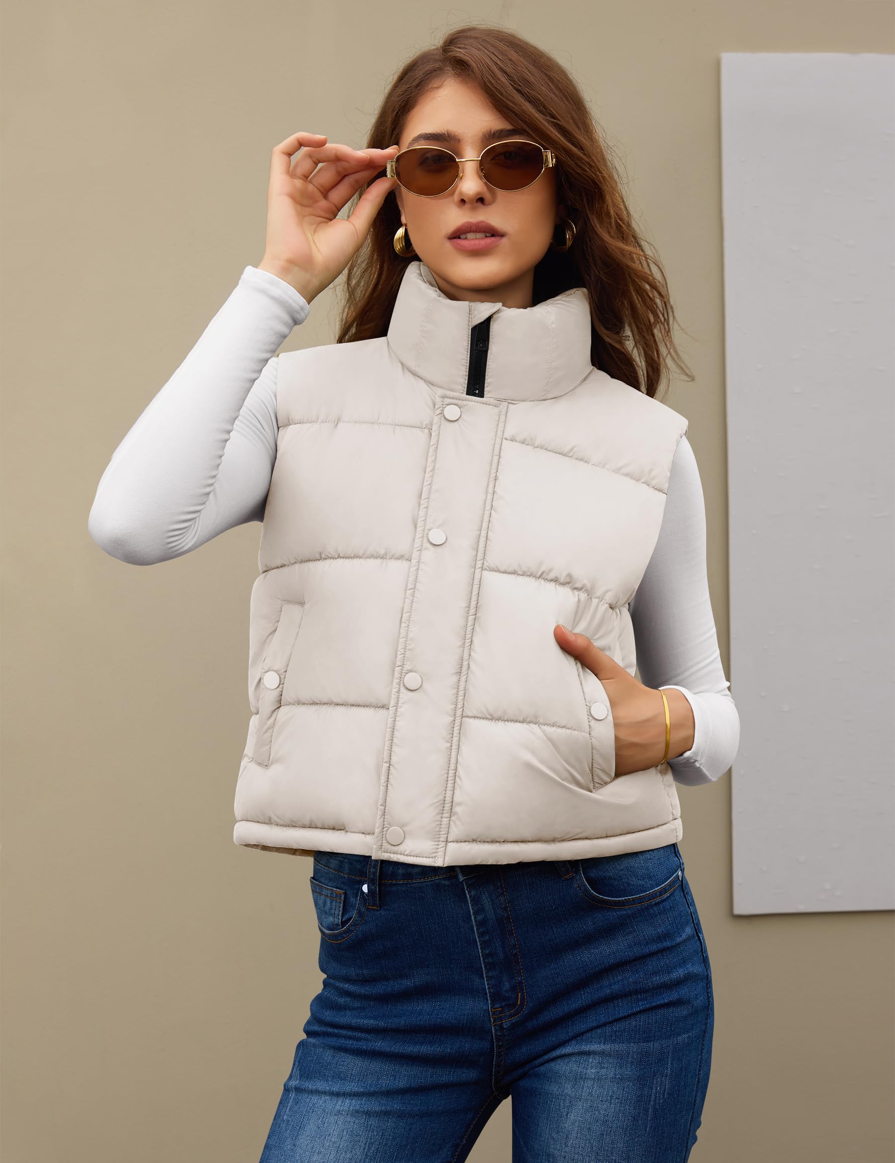 Fengbay Gilet da donna senza maniche Puffy Cropped Gilet con colletto alla coreana Gilet trapuntato a bolle leggere alla moda 2025
