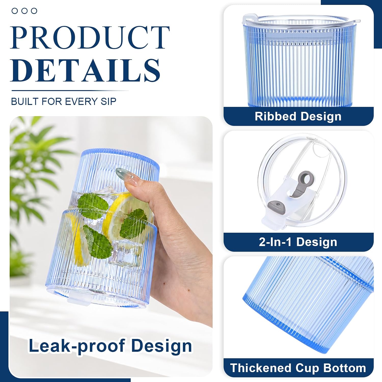 4 Pcs 15oz Plastic Tumblers with Lids and Straw Ribbed Iced Coffee Cups Blue Reusable Plastic Cups Leak-Proof Travel Iced Coffee Tumblers for Home Office Travel with Clean Brush image 3