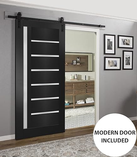 Miniatura 2 de Puerta de granero resistente de 42 x 96 pulgadas, vidrio esmerilado  Quadro 4088 negro mate  Juego de ganchos de riel de 8 pies de montaje superior