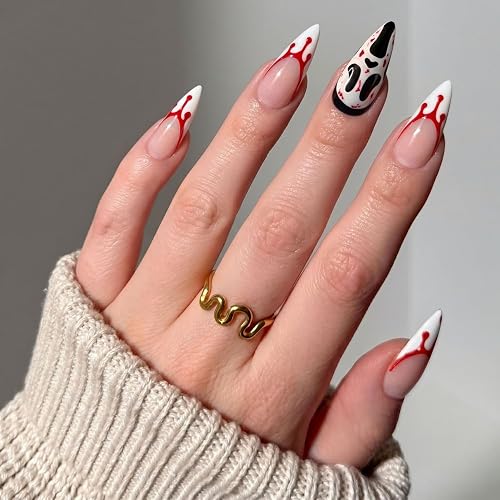 24Pcs Halloween Press on Nails Medium Almond Fake Nails Blood French Tip Glue on Nails Horror Ghost Artificial False Nails Halloween Holiday Stick on Nails for Women Manicure Decoration - Multicolor-23