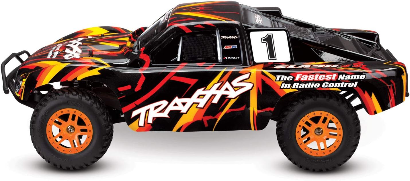 Sivu view of the Traxxas Slash 4X4 short course truck, orange and black body.