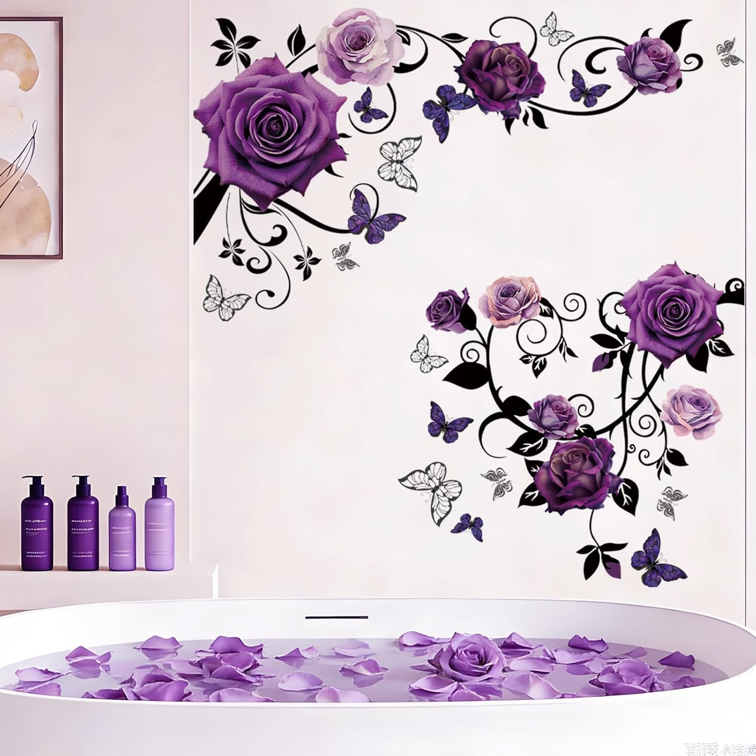 Dozesheep Purple Rose Wall Decals Watercolor Floral Wall Stickers Spring Large Roses Butterfly Flower Art Decal Delicate Peel and Stick Sticker for Living Bedroom TV Back Wallpaper Decoration