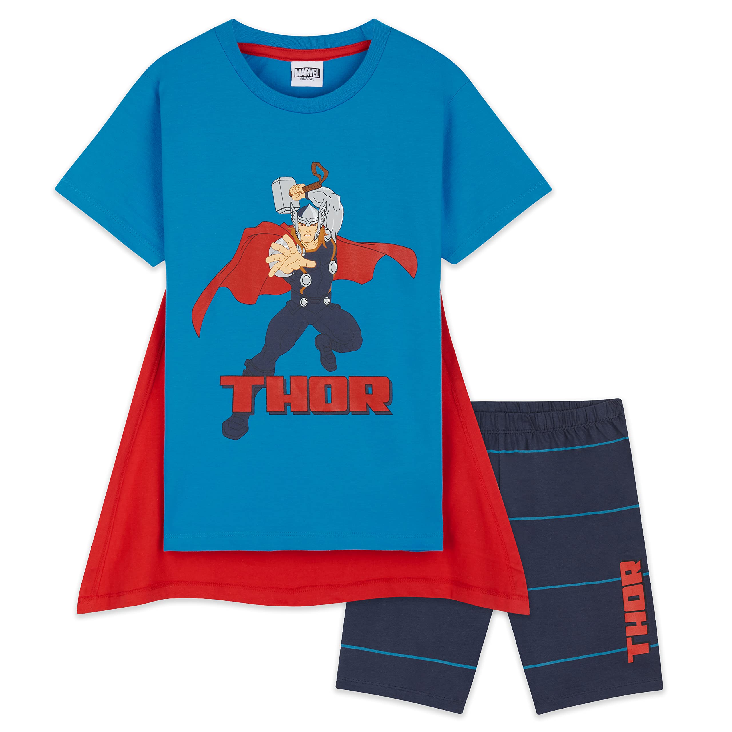 Marvel Pijama Niño Verano, Conjunto Pijama Niño Corto Merchandising Oficial Regalos para Niños y Adolescentes Edad 3-14 Años Spiderman Hulk Capitán América (Azul Thor