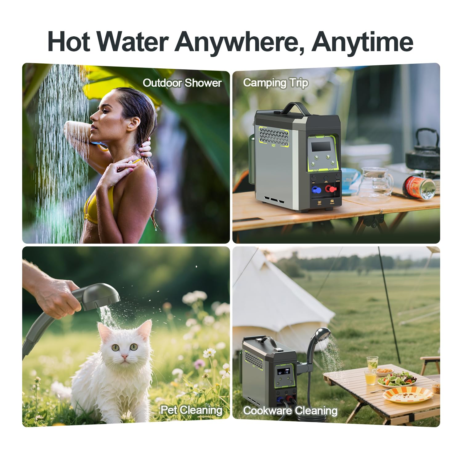 Jocoevol Tragbarer Warmwasserbereiter, Propan-Warmwasserbereiter mit Duschpumpe, Max 100 Minuten 3s Sofort Heiß 20.000 BTU, 4000 mAh Wiederaufladbarer Eingebauter Akku für Außenreinigung, Camping