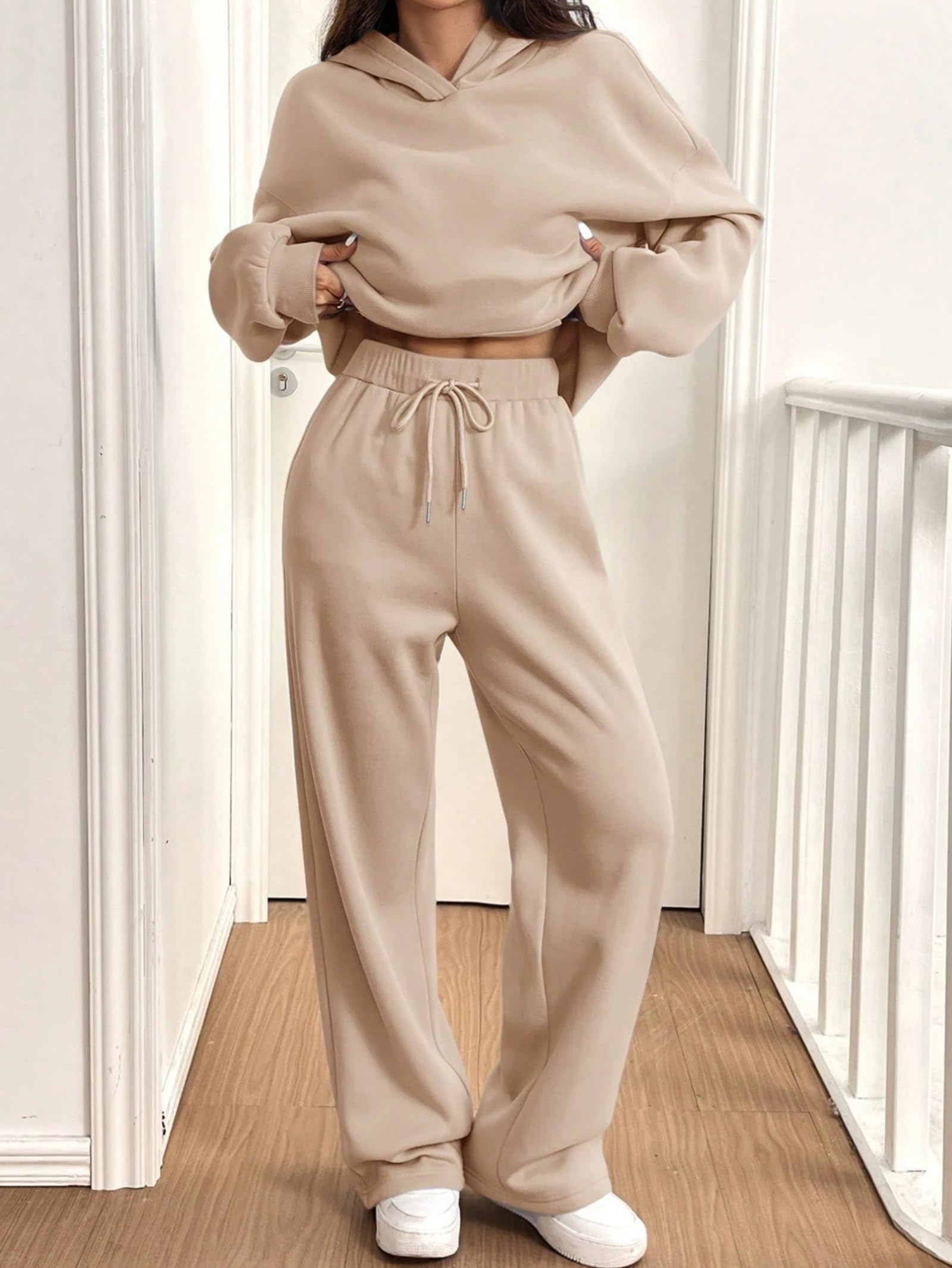 Conjunto deportivo de 2 piezas para mujer, diseño de otoño e invierno, sudadera con capucha de gran tamaño, pantalones deportivos de pierna ancha, casual, conjunto de chándal a juego