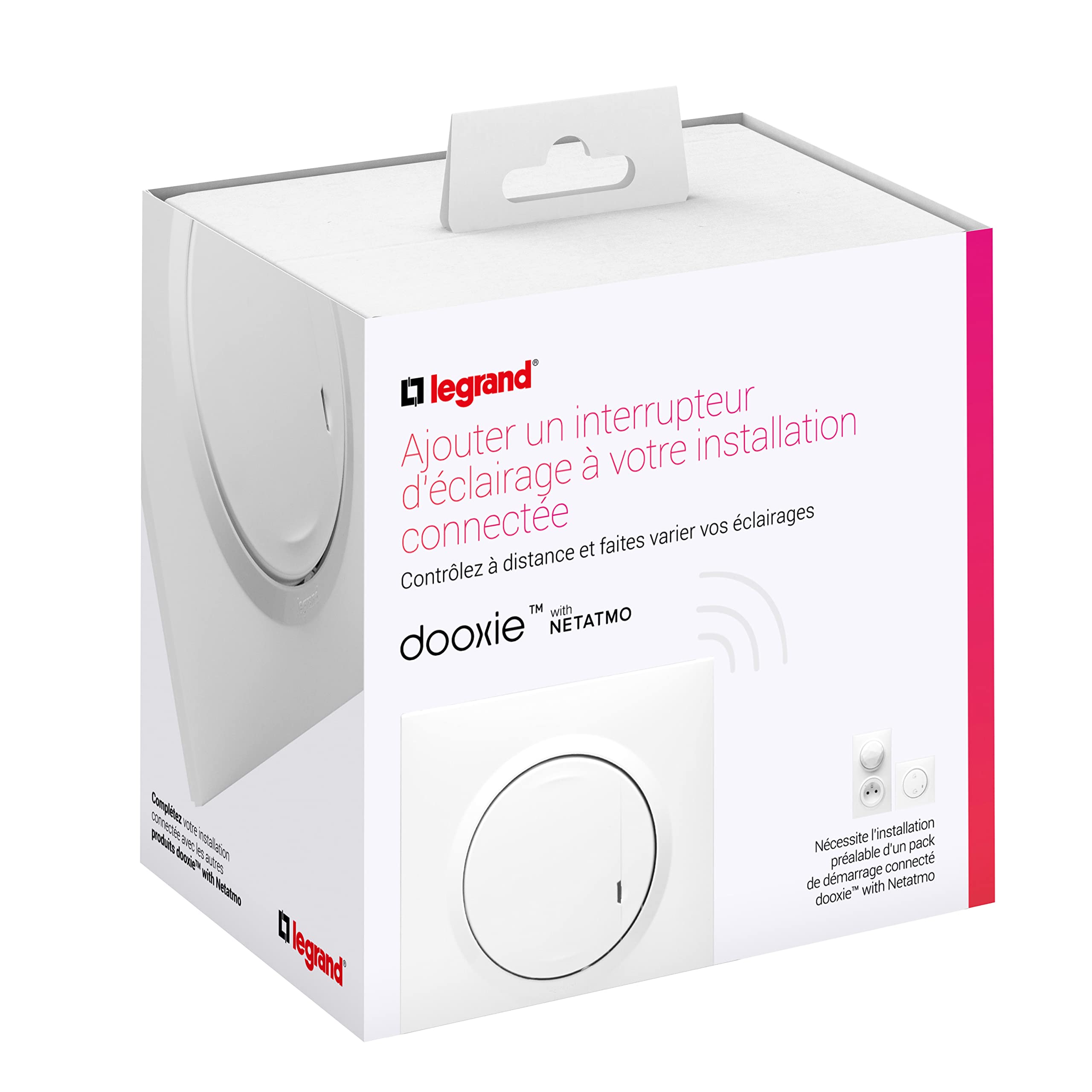 Legrand Interruptor regulador con cable conectado, sin neutro, Dooxie con Netatmo de 5 a 125 W LED, compatible con cualquier carga, completo (fijación, soporte, tapacubos y placa) – blanco – 199232