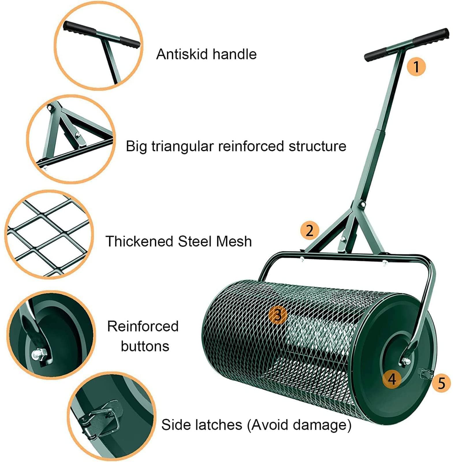 Esparcidor de compost con mango en T ajustable, malla de metal ligera para la distribución uniforme del fertilizante y del musgo de la terreza, herramienta de jardín ergonómica para el cuidado del cés