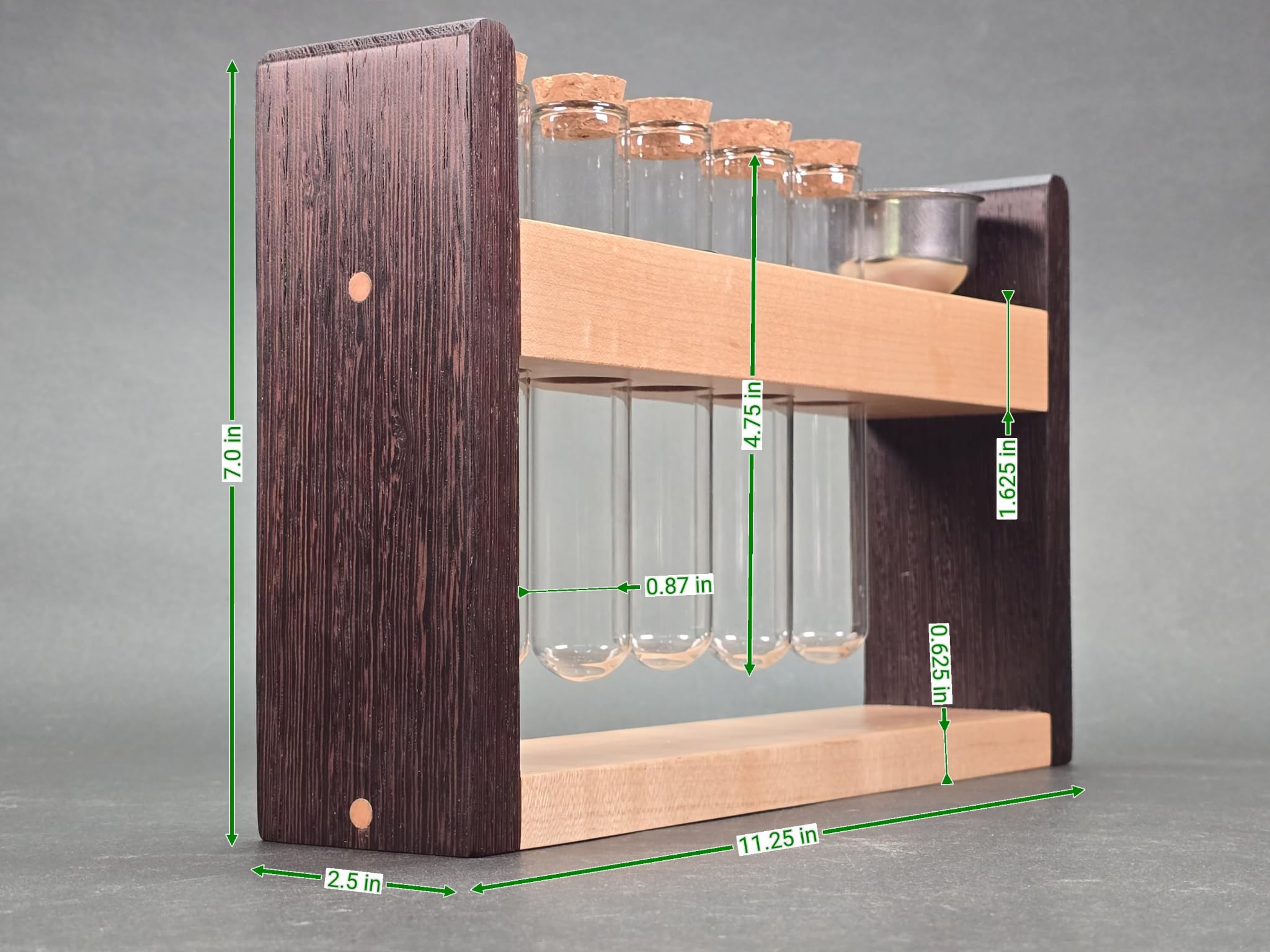 Handgefertigtes Reagenzglas-Gewürzregal mit Trichter, Wenge/Ahorn | Schwimmende Glasfläschchen für Seasoniong, Badesalzaufbewahrung, Pflanzenvermehrungsröhrchen, moderne Küchendekoration