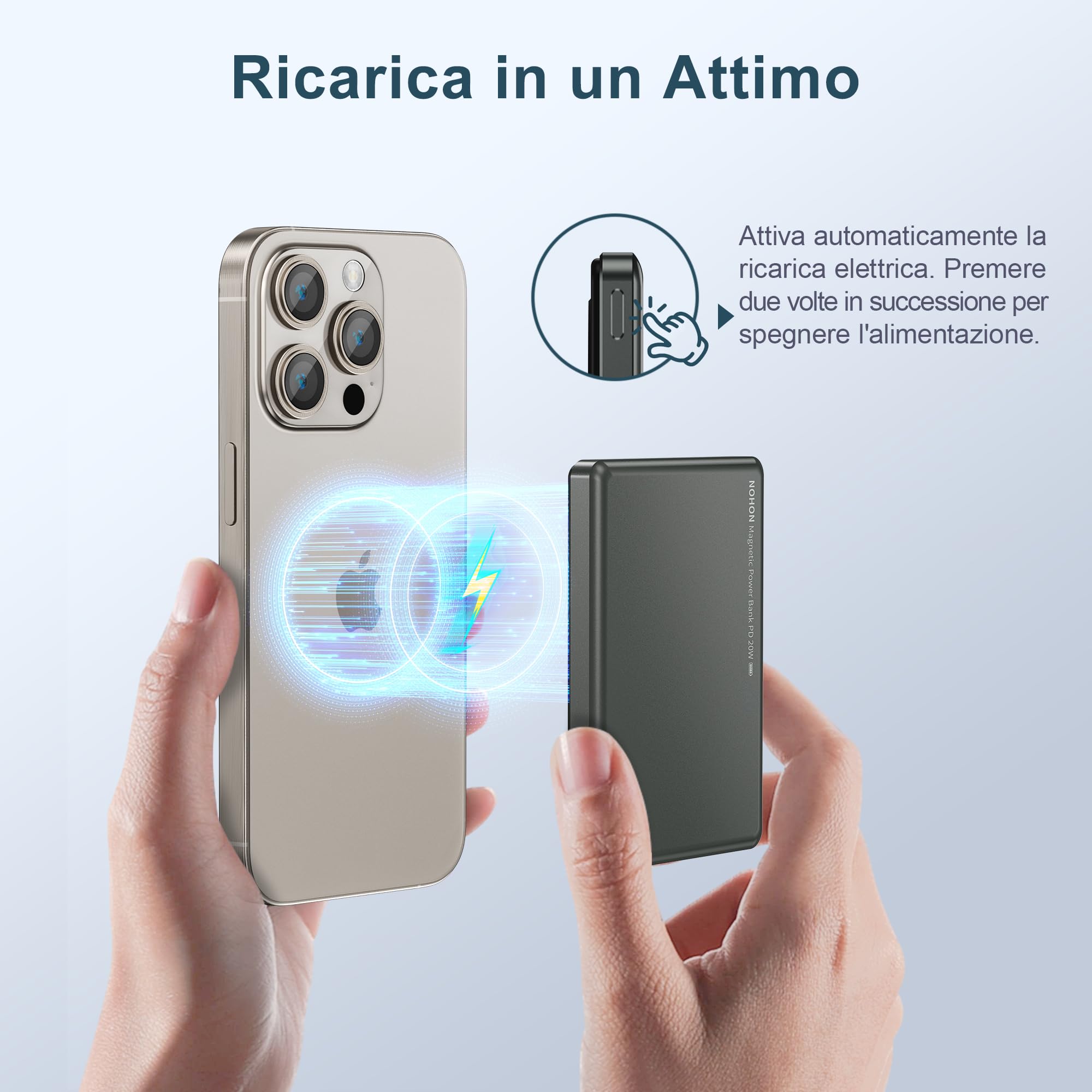 NOHON Wireless Magnetico 5000mAh Powerbank: Ultra-slim 8MM Caricatore Mag-Safe Power Bank | Batteria Portatile PD 20W USB-C Ricarica Compatibile con iPhone 17/16/15/14/13/12 Pro/Pro Max(Grigio Nero)