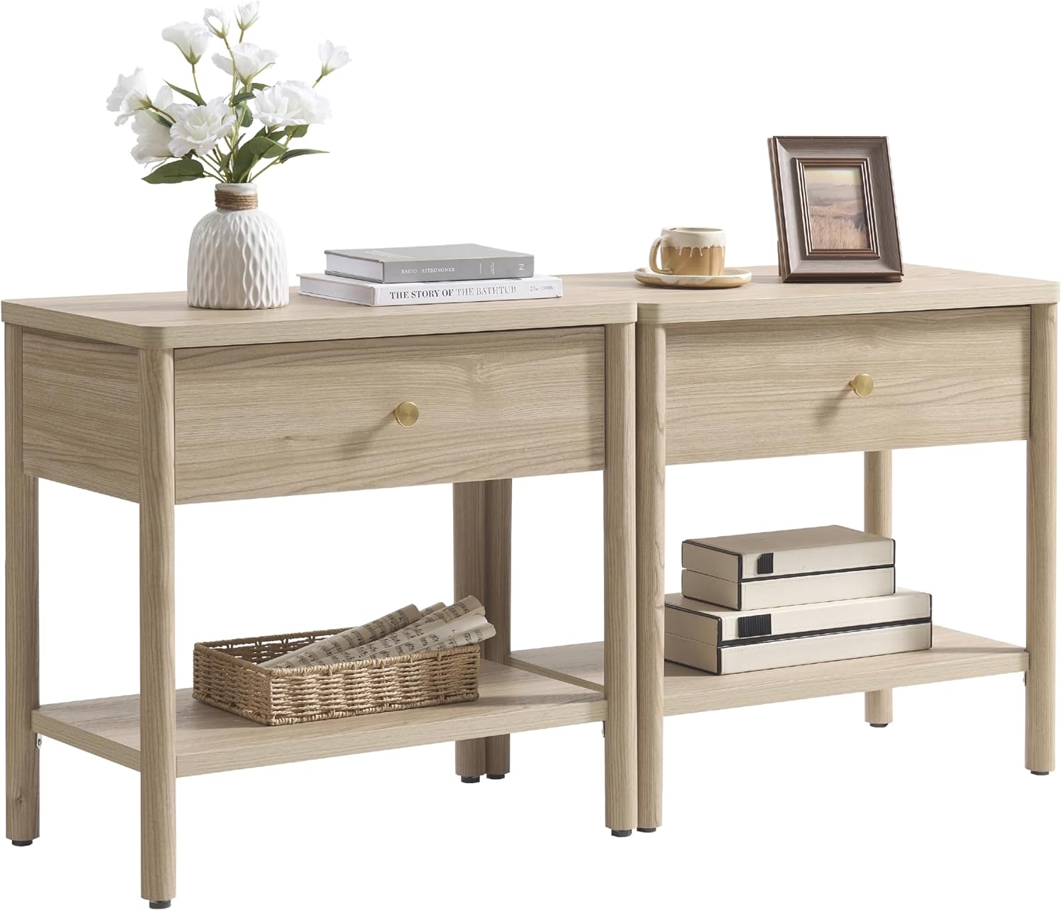 VividVibe End Table with Drawer, Light Walnut Nightstands Set 2 Bedside Table Large Side Table Bedroom Solid Wood Legs, Mid Century Modern Accent Night Stand