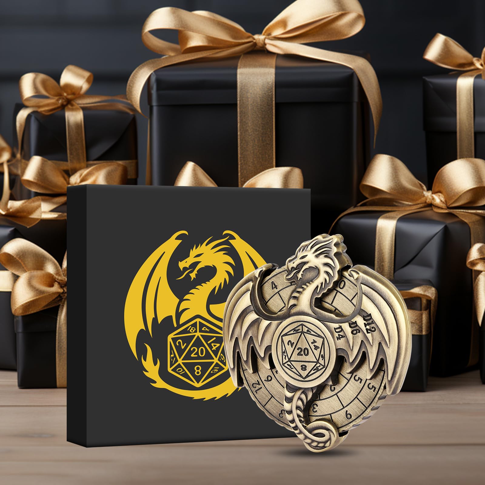 DND Ruota Dadi Spinner - 7-in-1 Drago Metallici D&D con Roulette, Gyro di Dito, Scatola Regalo, Accessori per Giochi di Ruolo e Società - Bronzo