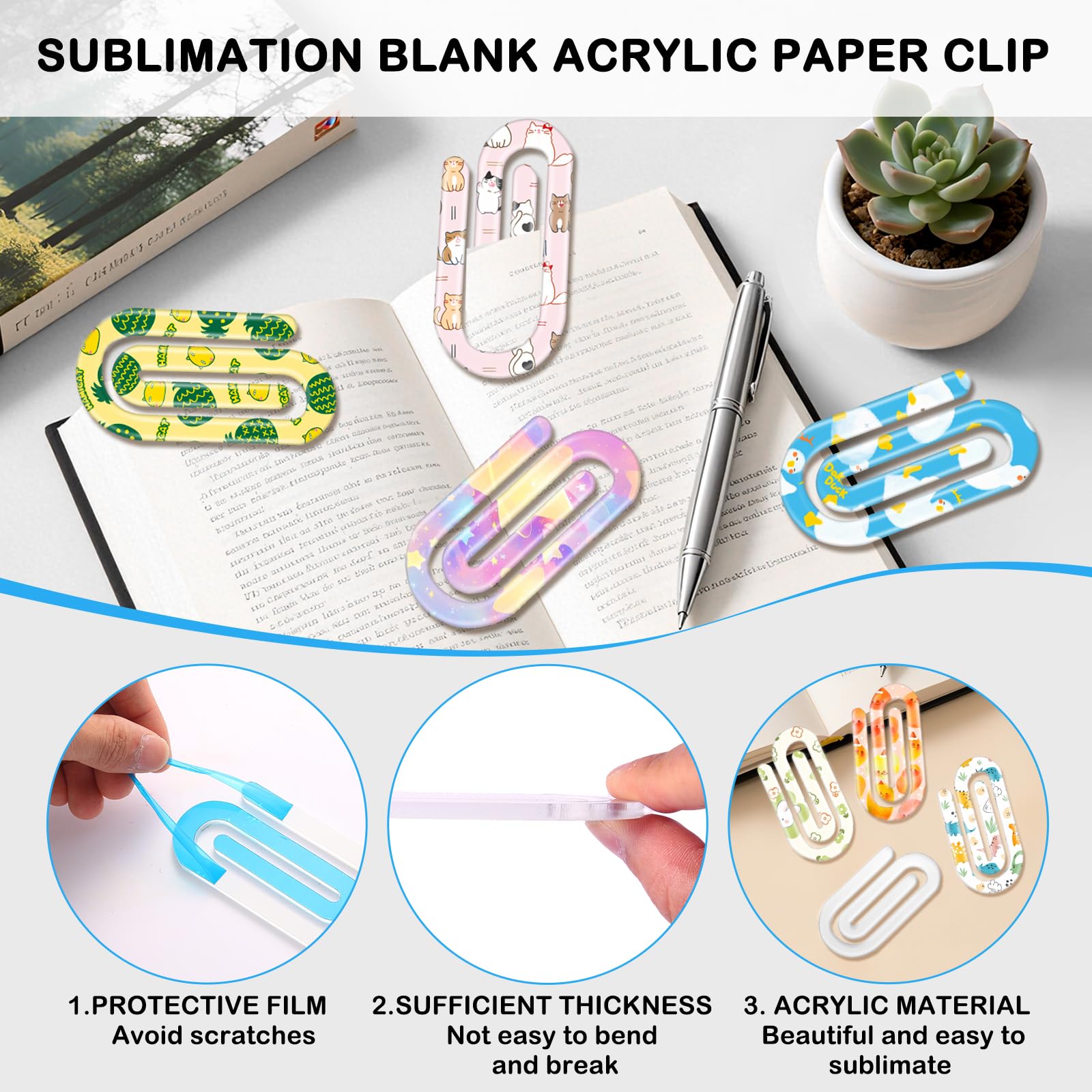 Jumbo-Büroklammern für Sublimationsdruck, blanko, Acryl, 10,2 x 5,1 cm, transparent, riesige Büroklammern für Wärmeübertragung, Basteln, personalisierte Lesezeichen, Büroschulbedarf, individuelle