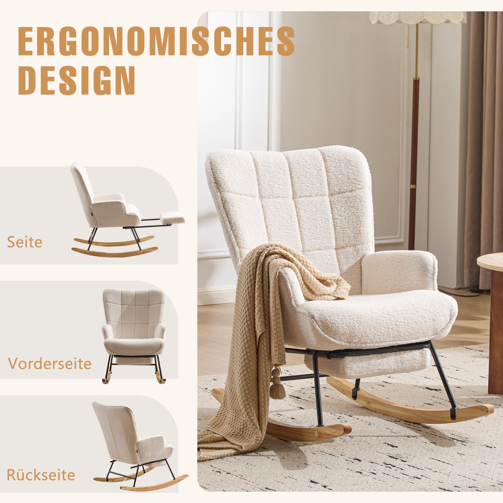 Schaukelstuhl mit Fußstütze, Schaukelsessel mit Fußstütze, Teddystoff Gepolsterter Lesesessel Relaxstuhl Sessel mit Holzkufen für Wohnzimmer Schlafzimmer, Elfenbeinweiß