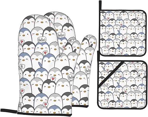 Cute Penguin Greeting - Juego de 4 guantes de horno y soportes para ollas, forro de algodón acolchado suave, juego de utensilios de cocina, para