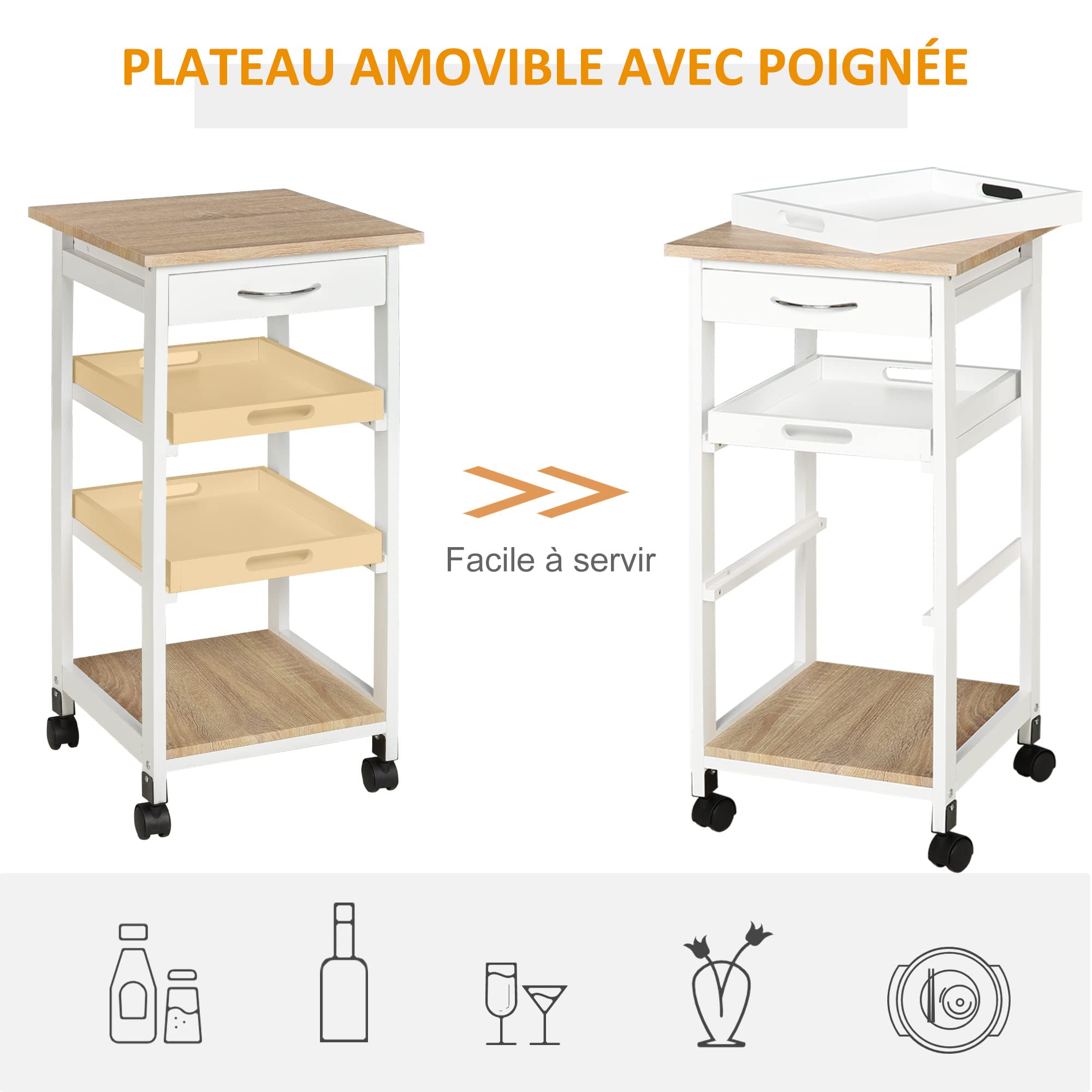 HOMCOM Chariot de Service desserte de Cuisine à roulettes 2 Plateaux Amovibles, tiroir, étagère chêne Clair Bois pin Blanc