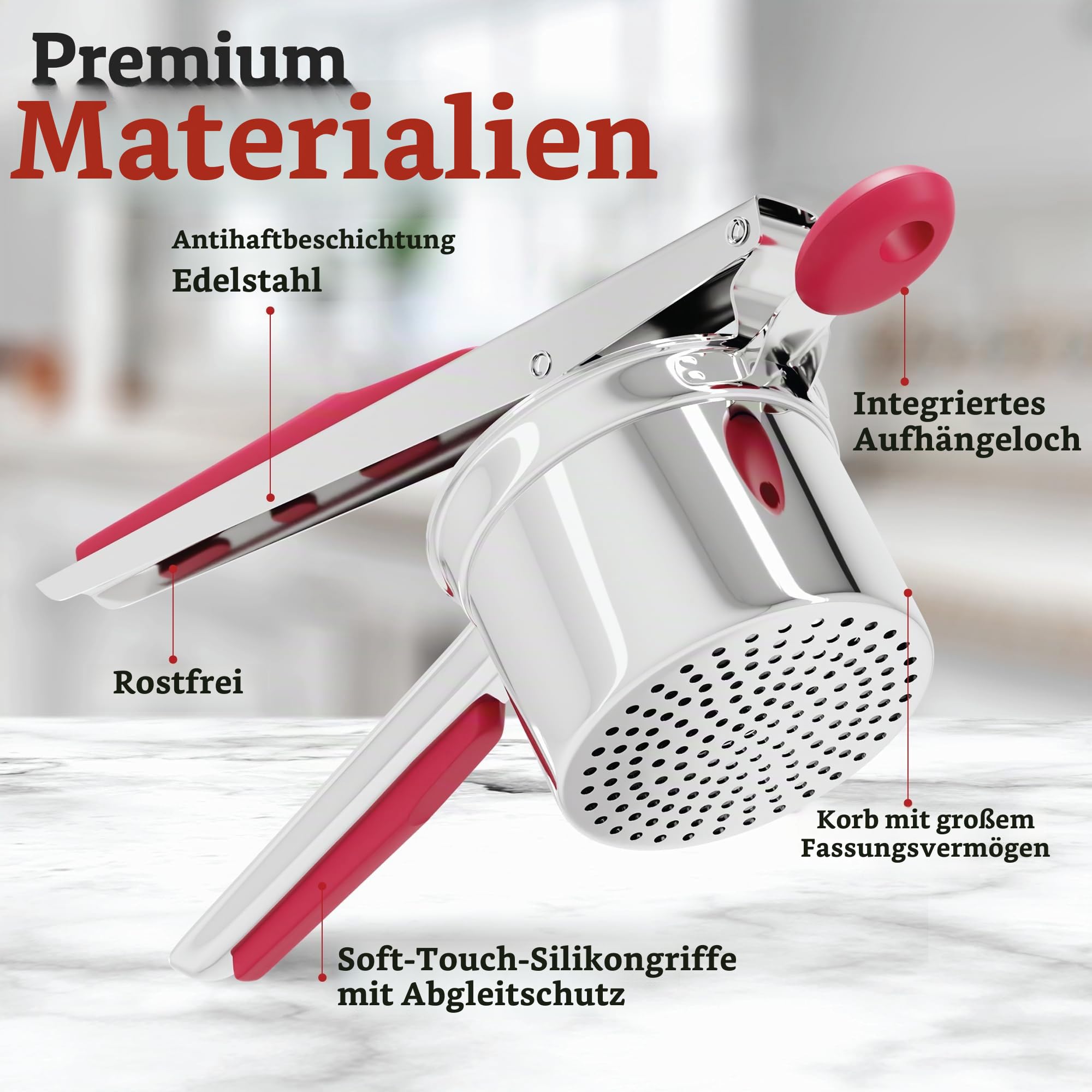 PriorityChef Große Kartoffelpresse mit 3 Scheiben, robuste Edelstahl-Kartoffelpresse für Kartoffelpüree, Kartoffelstampfer, Presse und Presse, Küchenwerkzeug, Rot