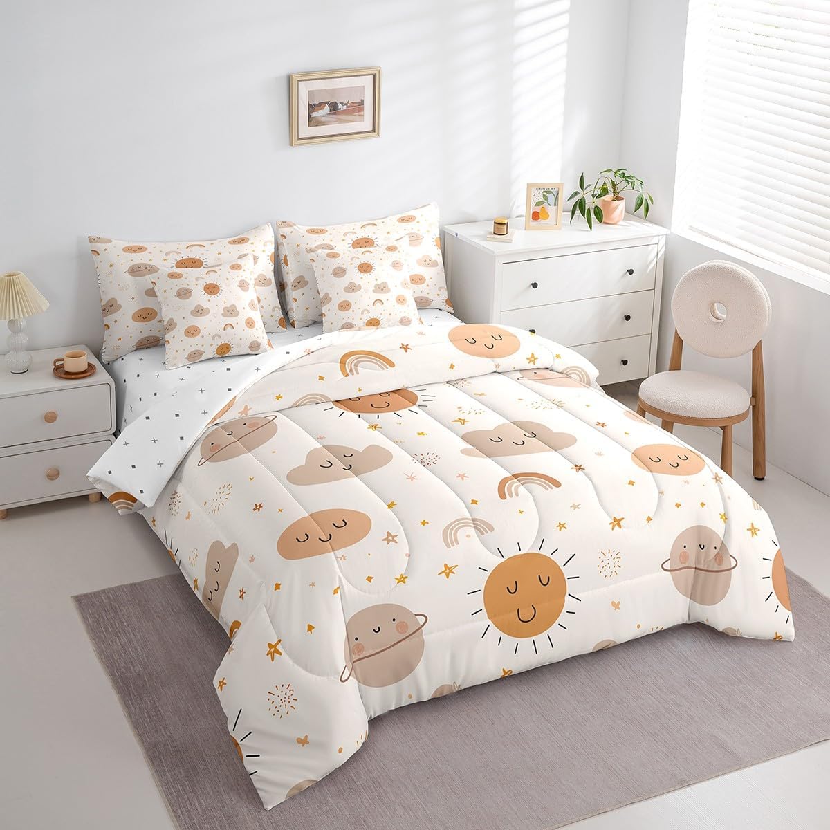 Erosebridal Girls Rainbow 7 Piece Comforter Set Full Bed in a Bag Kids Sun and Stars Quilt Children Kawaii Planets Clouds Sheet Set Girly Cartoon Theme Bedding Set Iridescent Print Down Comforter