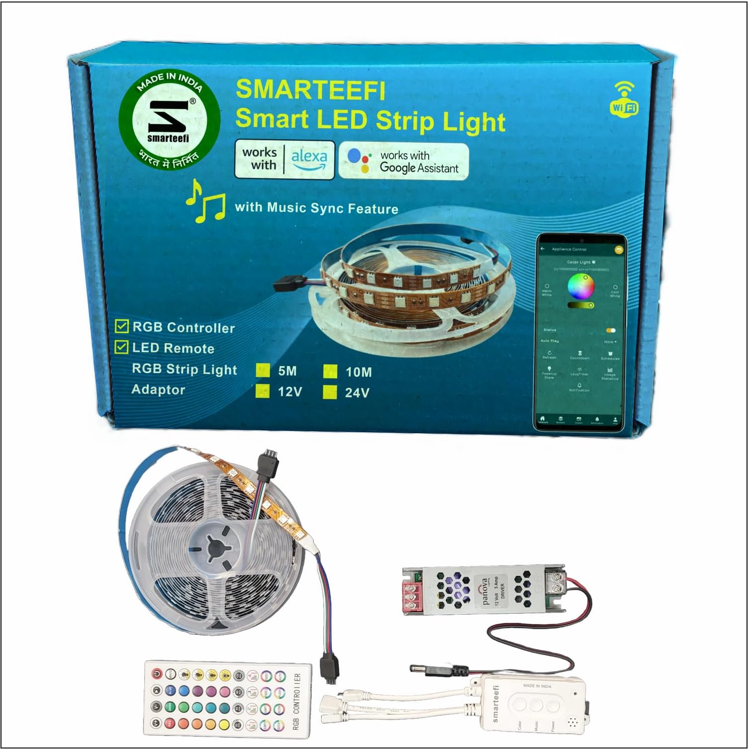 Smarteefi WiFi RGB LED Strip Controller, IR Remote, 5 Meters RGB Color LED Strip Light, Power Adapter, Color & Brightness Control, Music Mode, autoplay patterns | Compatible with Alexa and Google Home