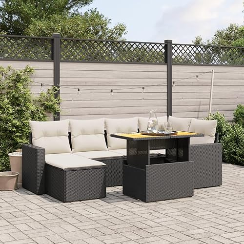 7 Piece Outdoor Garden Sofa Set in Black and Cream White, U-Shaped Patio Furniture with Synthetic Poly Rattan and Oiled Acacia Wood, UV Resistant