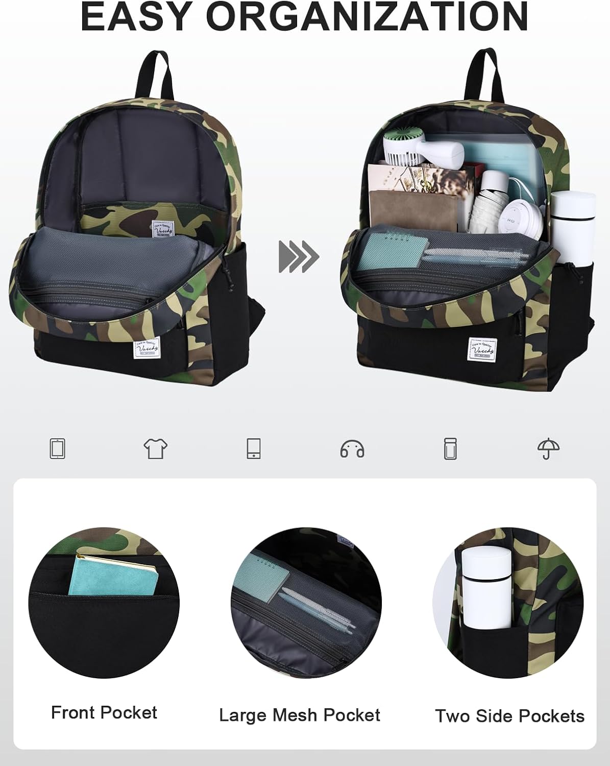 VASCHY Lightweight Backpack for Men, Water Resistant Classic Daypack for Travel, Work, College with Side Bottle Pockets Camo Black