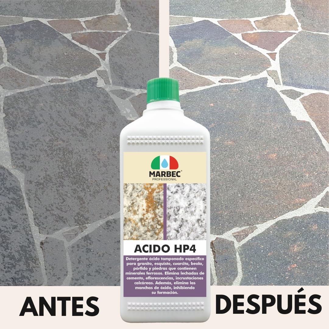 MARBEC ACIDO HP4 5LT Desincrustante específico para suelos de granito, cuarcita, pórfido y piedras con minerales ferrosos.