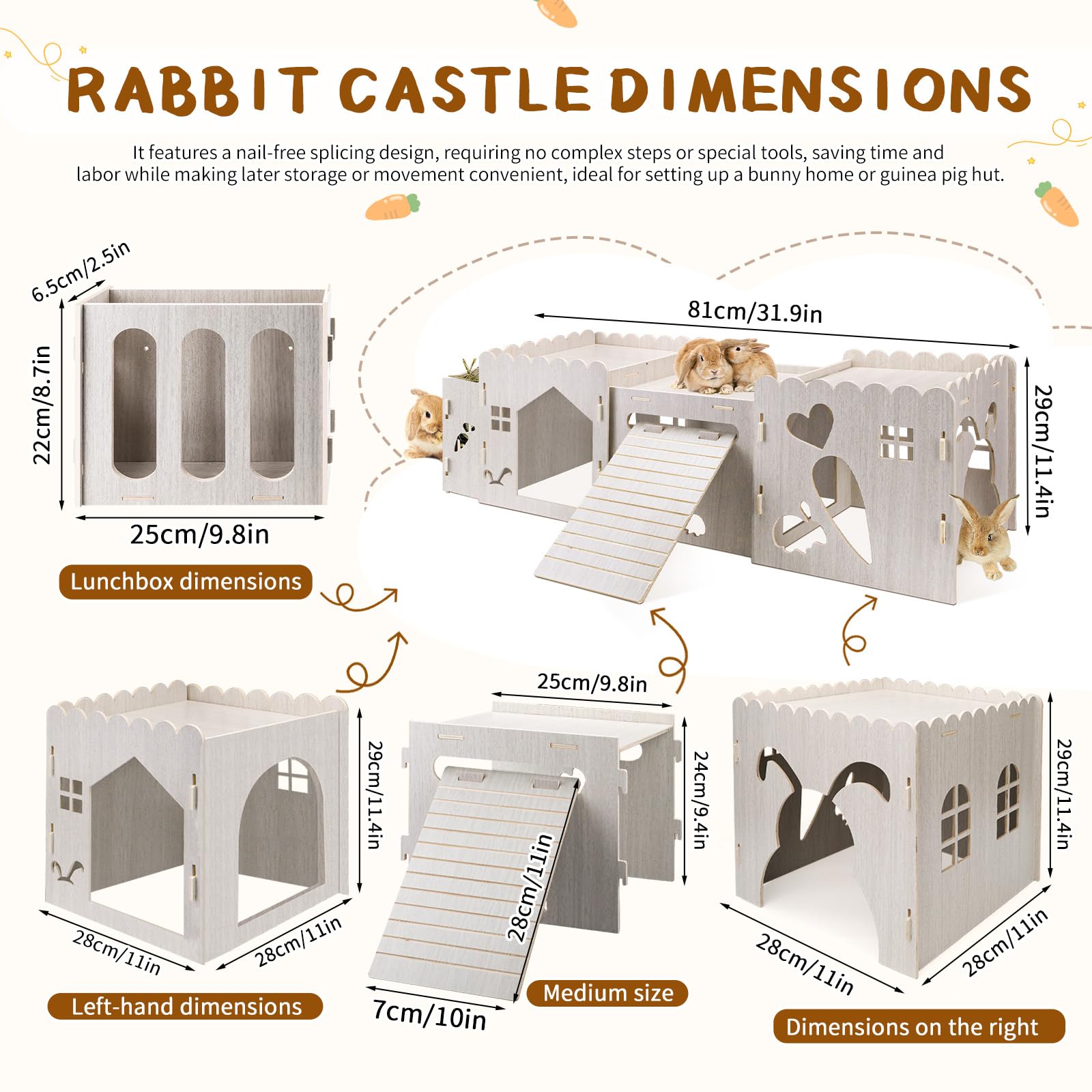 Große hölzerne Kaninchen Schloss, Nagelfreie abnehmbare Kaninchens Versteck mit Nahrungsschale, Kaninchen Rampe & Multi-Löcher, niedliche Kaninchens Haus Fitting Syrische Hamster