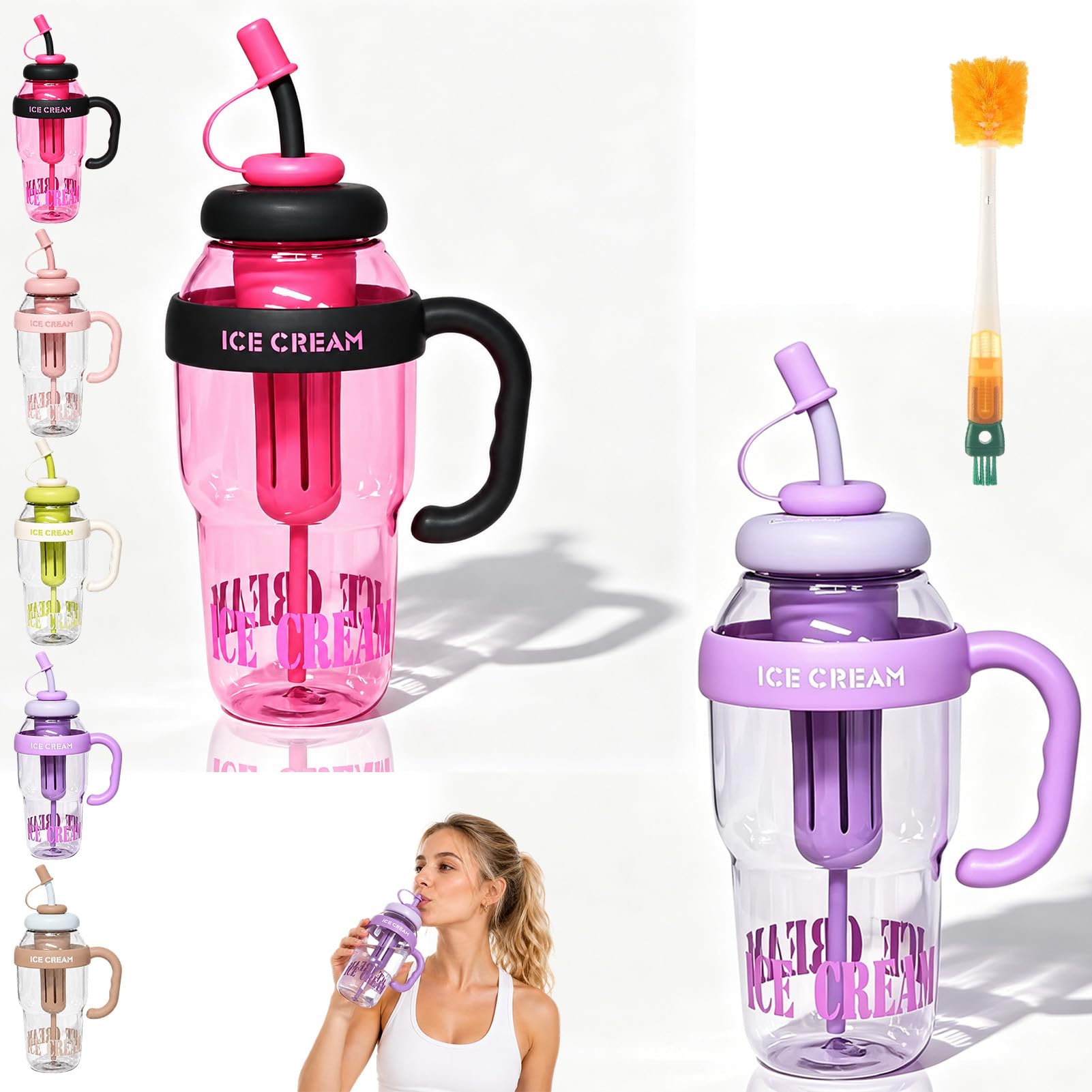 Stylish Large Capacity Sports Water Bottle with Straw, 1300ml Summer Handle Plastic Cute Large Capacity Ice Cup, Convenient Cup with Tea Infuser for Camping Hiking Summer Outdoor Sports (2pc-a)