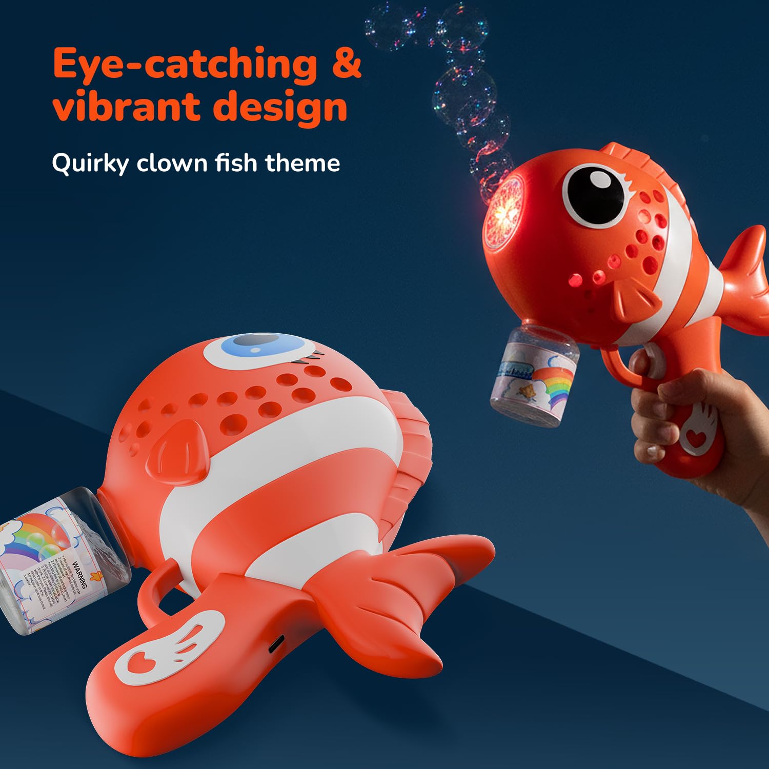 Lifelong Cuppy Rechargeable Clown Fish Automatic Bubble Gun Toy for Kids with Lights, Electric Bubble Machine, 2 Bubble Solutions, Long Fun Time, Type C Charging (Orange, LLCFBG01) 3