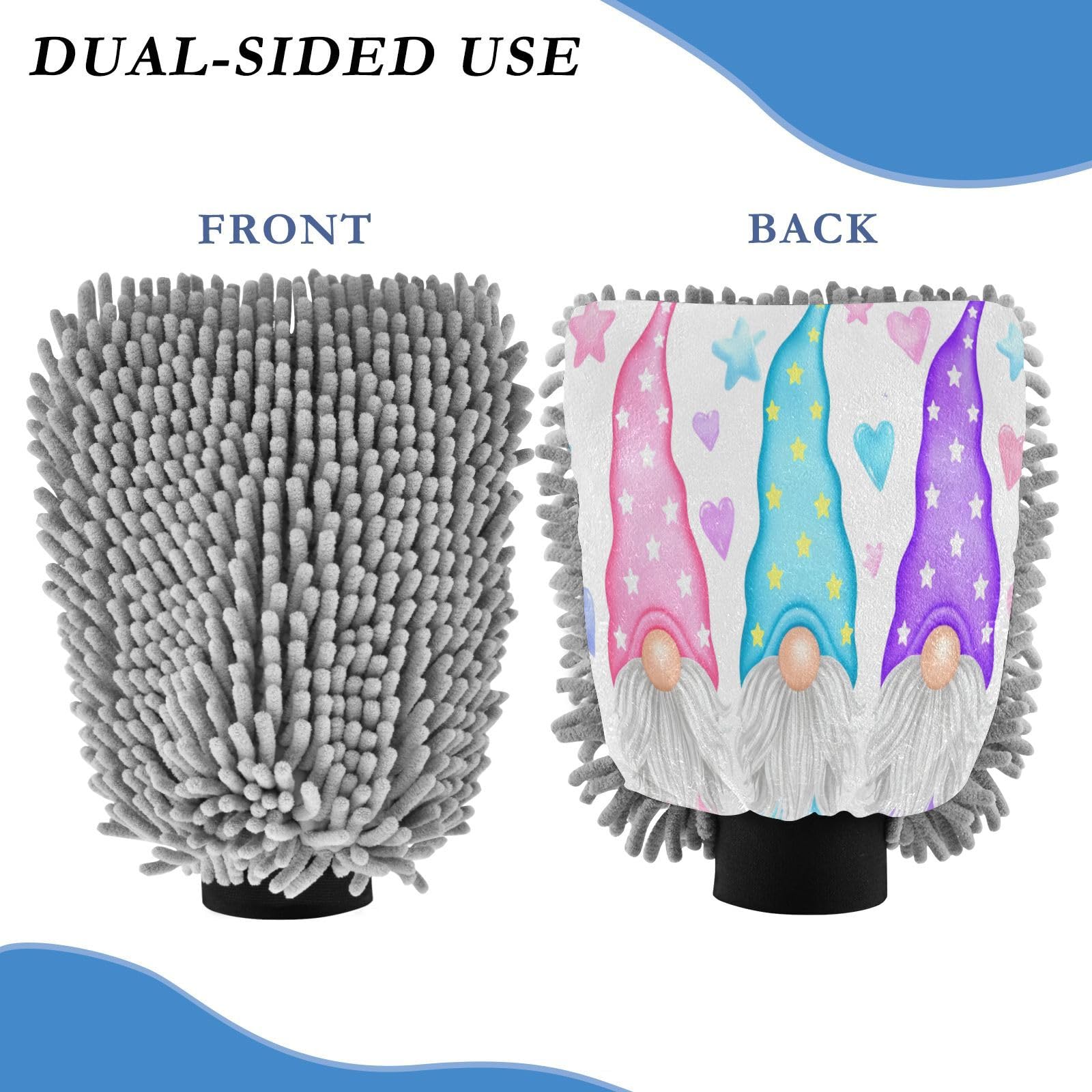 Kigai Three Cute Gnomes Car Wash Mitt Microfiber, 2Pcs Scratch Free Lint-Free, Premium Chenille Microfiber Mitt Car Wash Brush-M