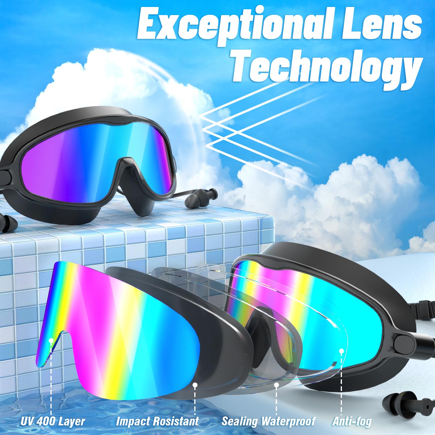 COOLOO Gafas de natación, paquete de 2 gafas de natación de visión amplia para hombres, mujeres y jóvenes | Sin fugas, antivaho, anti-UV, sin enganches de cabello, tapones para los oídos de una sola pieza, diseño ergonómico 3D
