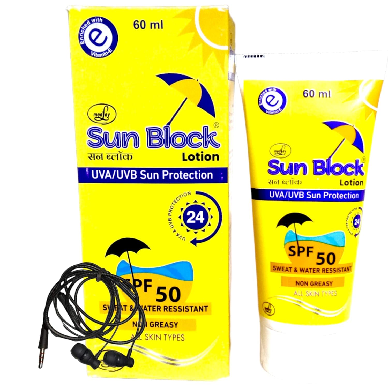 SUNBLOCK 50 SUN SCREEN LOTION SPF 50+++ NON-STICKY IMMEDIATE ABSOEPTION, WATER RESISTANT FREE EAR PHONE P 1