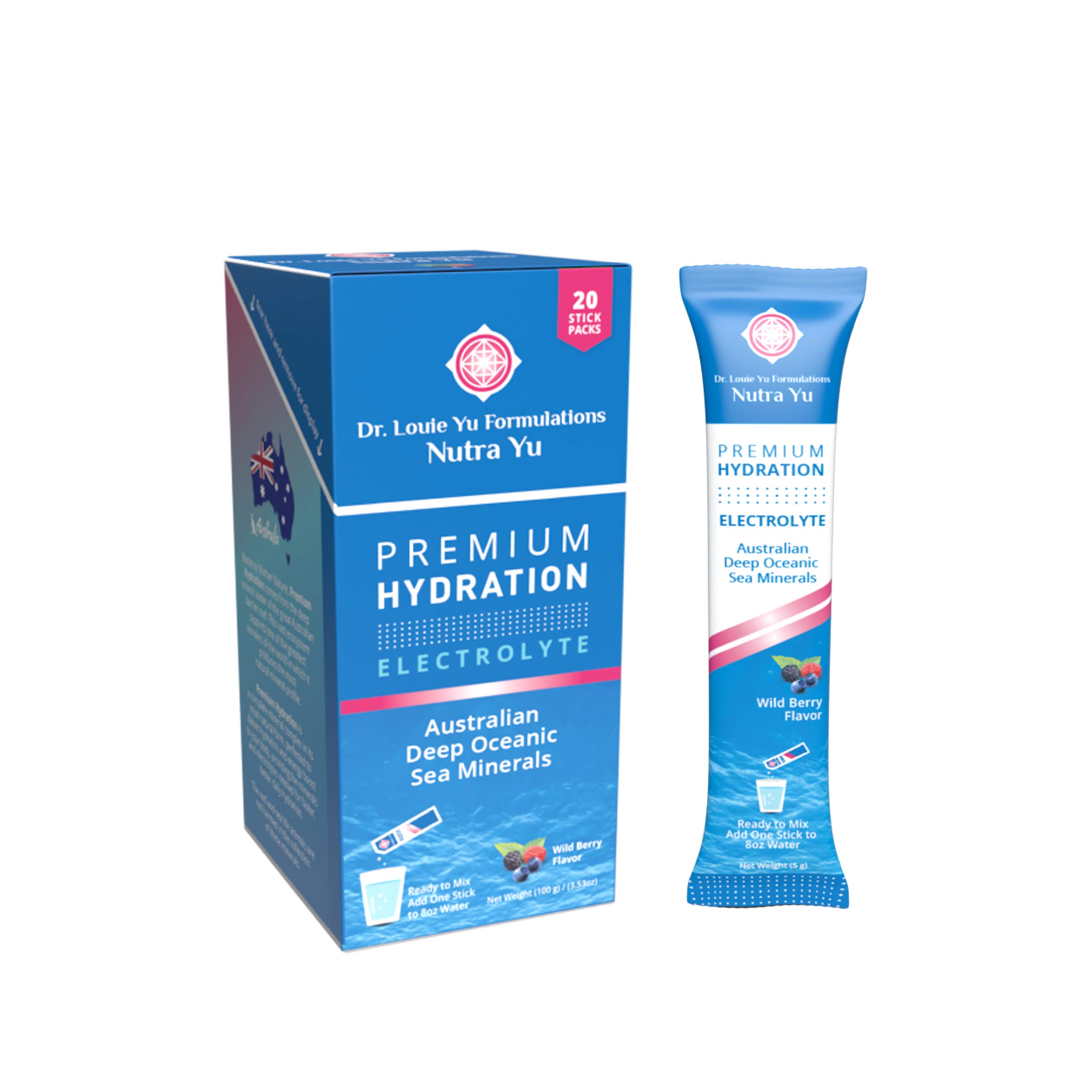 Nutra Yu - Premium Hydration Made From Pure Ocean Minerals/Electrolytes, Sugar Free, Easy to Open Powder Packet, Drink Mix (Wild Berry) (20)