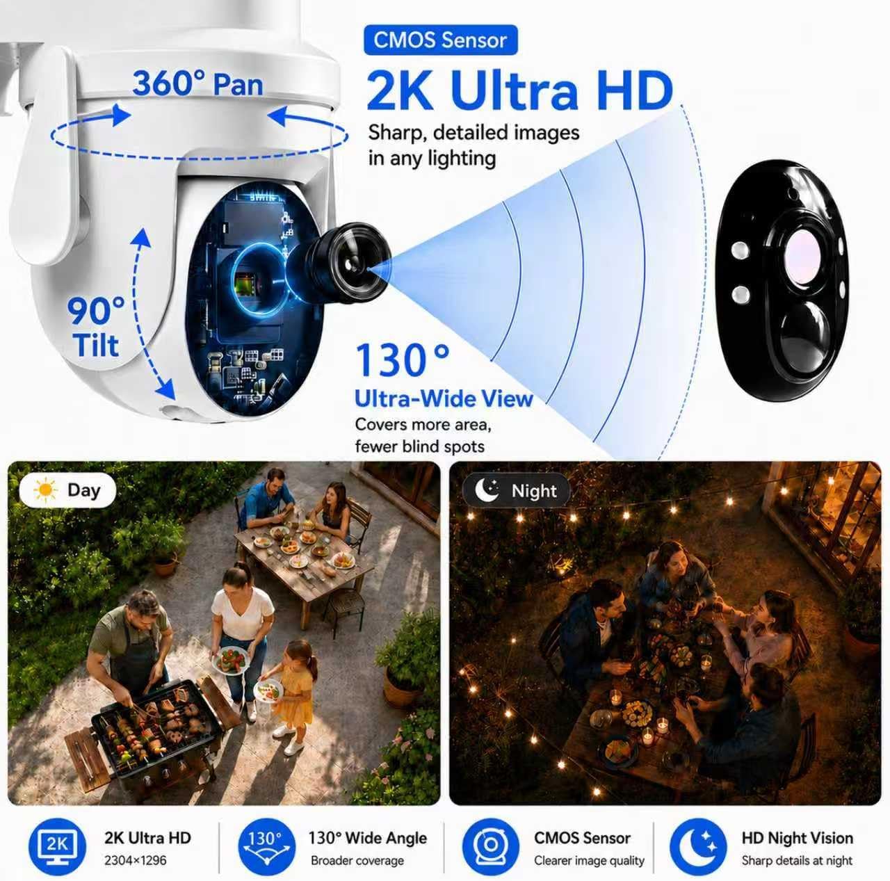 2K Solar Security Wireless Camera Outdoor, 2 Pack 2.4Ghz WiFi Battery Camera, 355° View Pan/Tilt Solar Camera with PIR Alarm, 2-Way Audio, Color Night Vision, IP65 Waterproof, Cloud & SD Storage