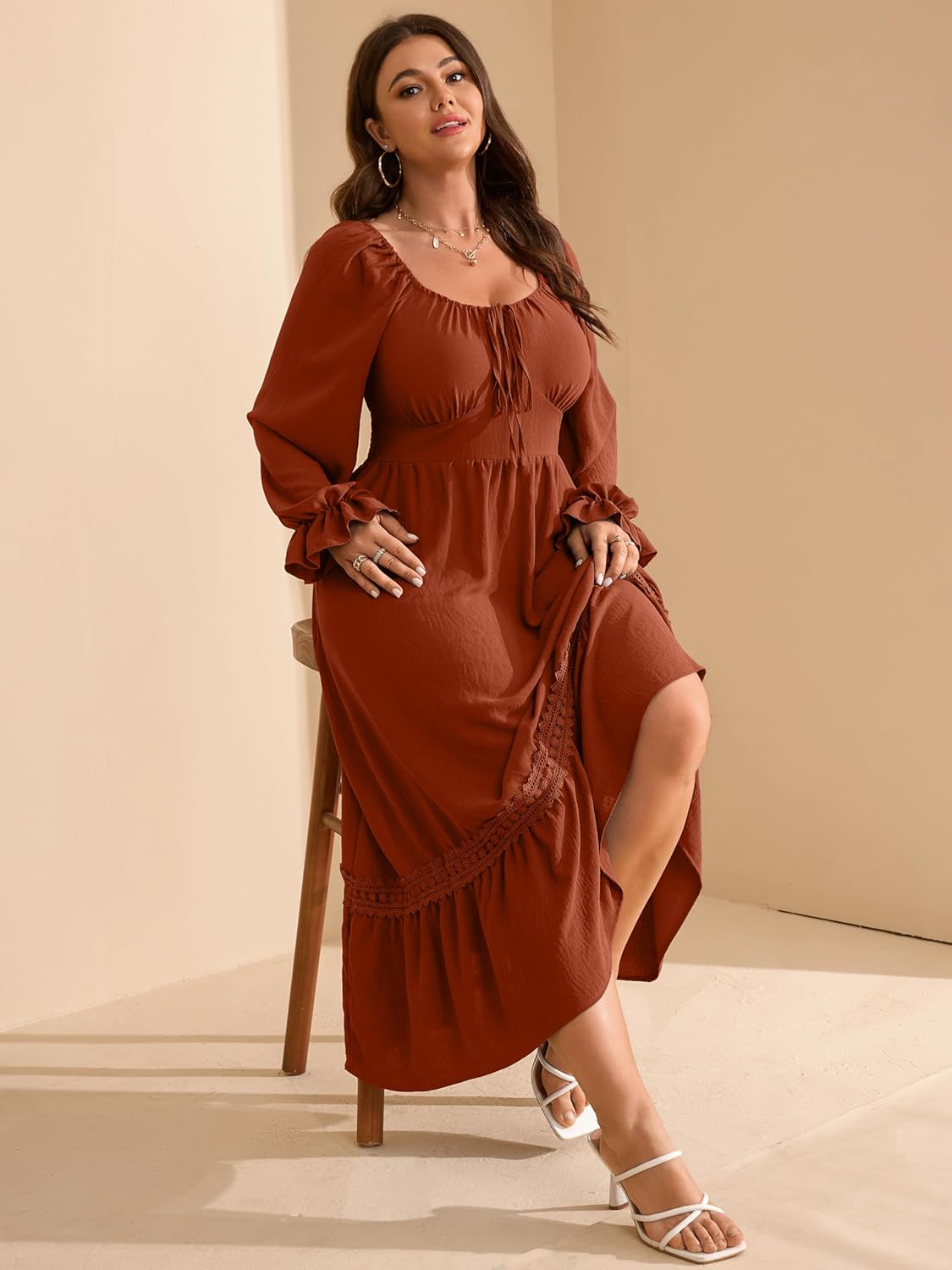 RWJ Women's Plus Size Fall Dresses Long Sleeve Square Neck Flowy Lace Trim Flutter Wedding Guest Party Casual Dress - Image 6