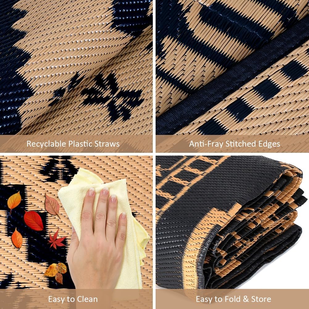 Waterproof Outdoor Rug 5x8 ft, Outdoor Plastic Straw Rug, Modern Area Rug, Large Floor Mat for Outdoors, RV, Patio, Backyard, Deck, Picnic, Beach, Camping, Black & Brown