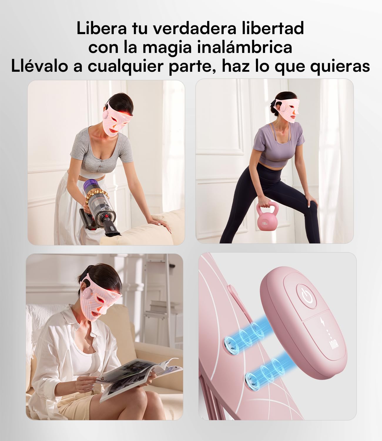 Máscara Facial LED Inalámbrica INIA Glow, Máscara de Terapia de Luz Roja Aprobada por la FDA con Luz Roja Cercana al Infrarrojo (NIR), Diseño Recargable y Ergonómico para el Hogar y Viajes, Rosa