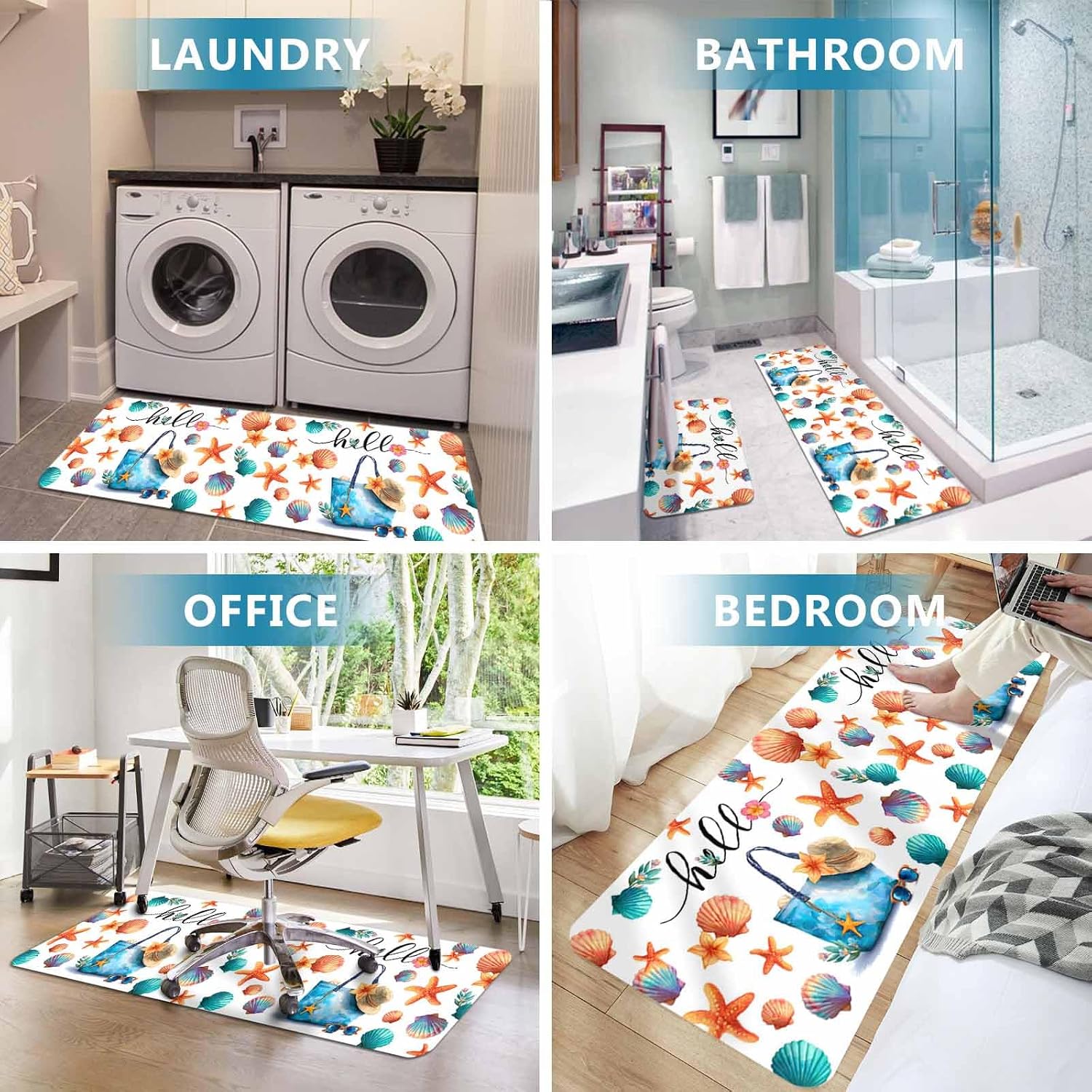 Prime Leader Summer Kitchen Mat Set 2 Pieces Watercolor Beach Bag Seashell Starfish Sunglasses Non Slip Kitchen Rugs Washable Runner Rug Mats for Sink Laundry (19.7" x 31.5"+19.7" x 47.2")