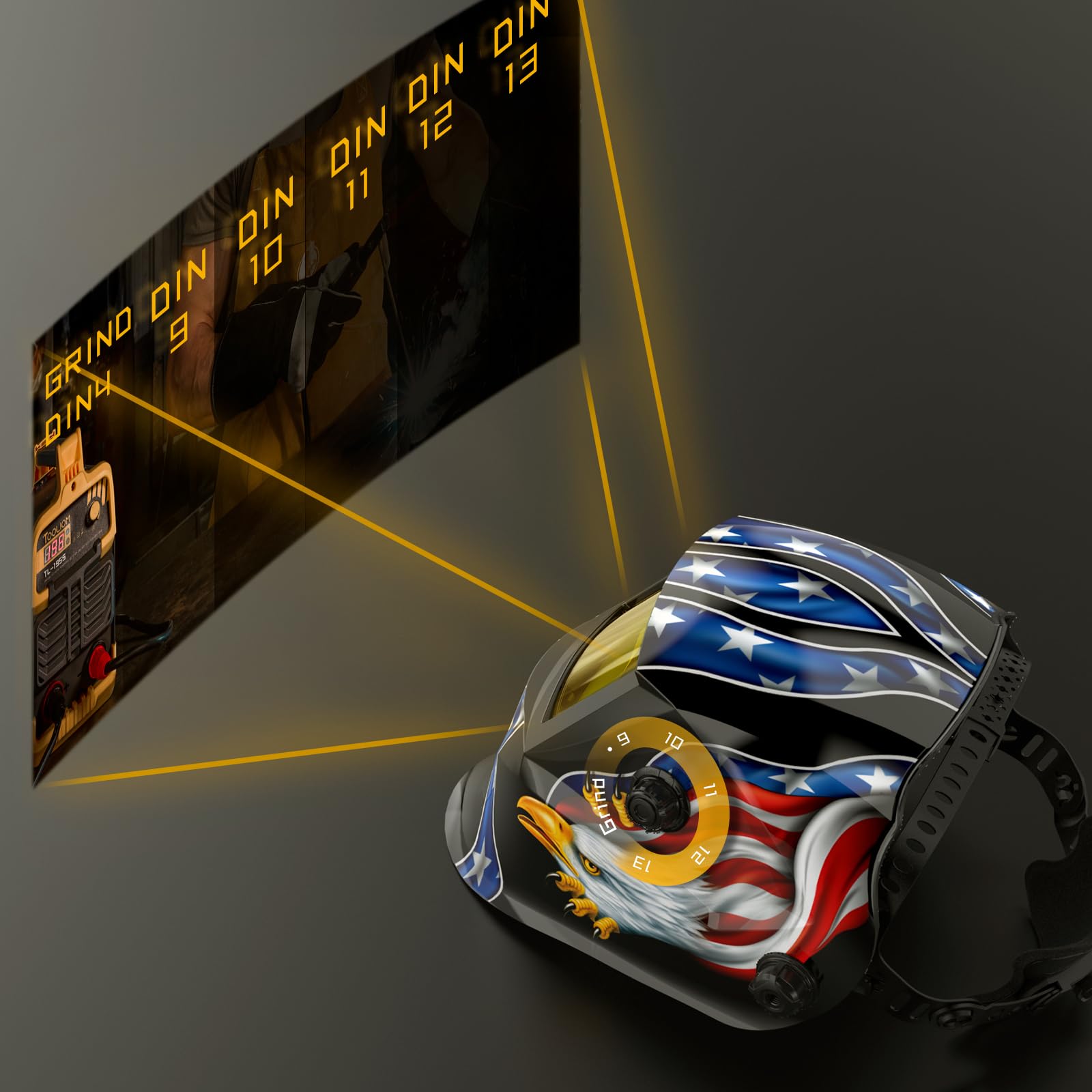 TOOLIOM Casco de Soldadura de oscurecimiento automático con luz Solar, máscara de Soldadura con Pantalla Ajustable 9-13, para Arco Mig TIG con diseño de águila Azul | Oscurecimiento automático 1/25000s, visión de 9,25 x 4,24 cm, pantalla ajustable 3,5/9-1