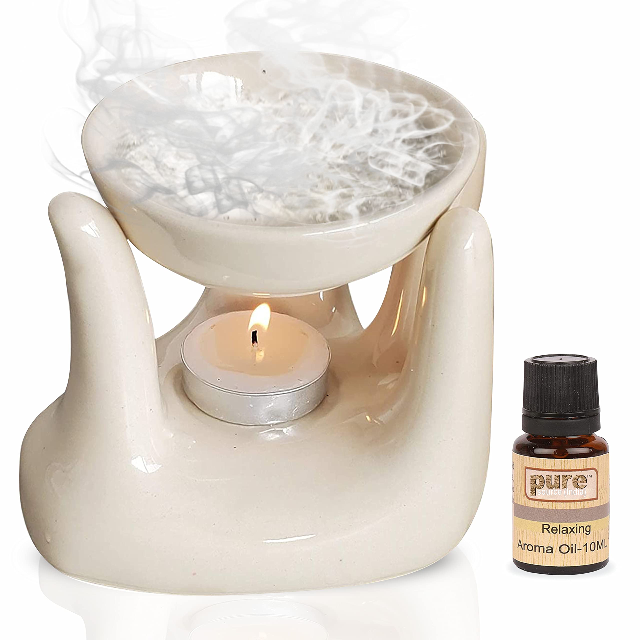 Pure Source India Ceramic Hand Type Aroma Diffuser Oil Burner with Relaxing Oil 10ml (Ivory White)