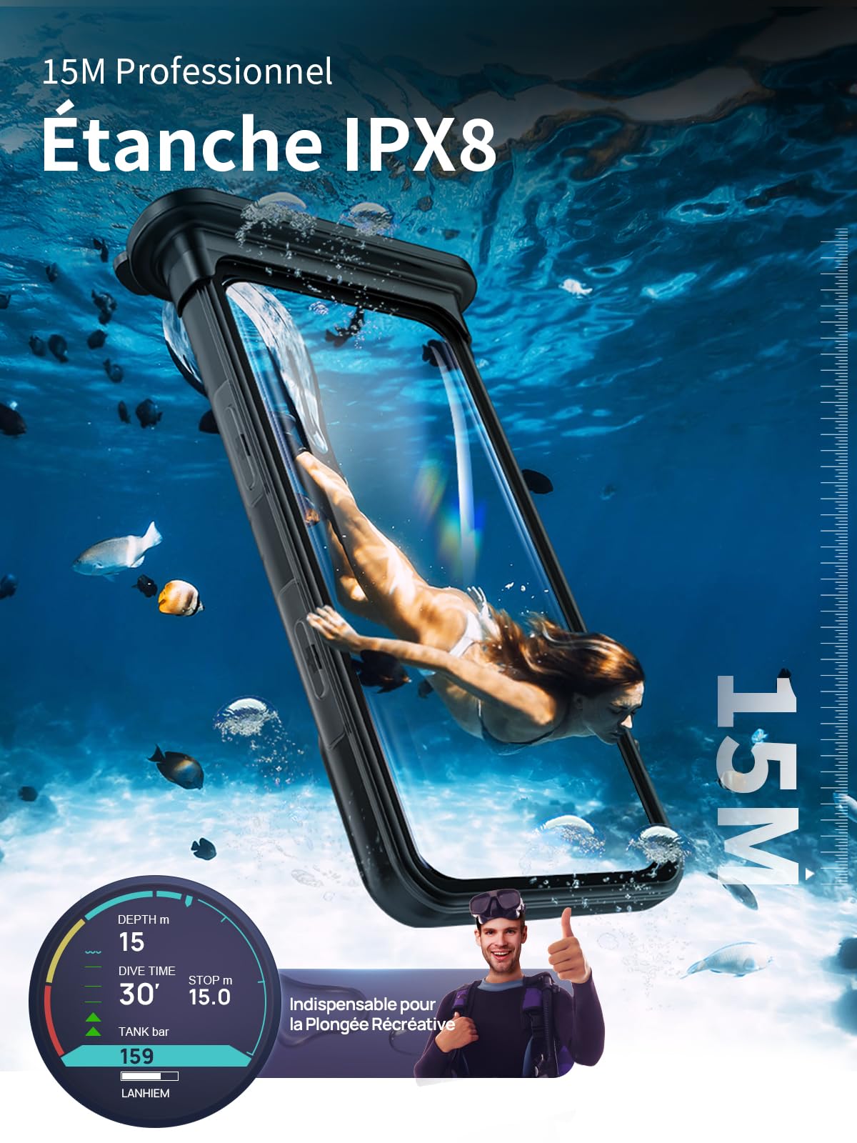 Lanhiem Coque Étanche 15M pour iPhone 16 Pro Max 16 Plus/15 Pro Max 15 Plus/14 ProMax 14 Plus/13 ProMax/12 ProMax, IPX8 Pochette Téléphone Étanche Plongée pour iPhone 12 à 16 (6.7-6.9''), Noir