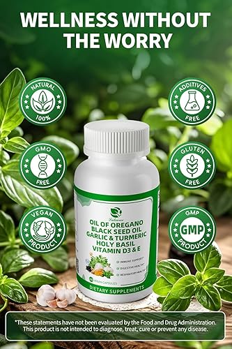 Miniatura 8 de Cápsulas de albahaca sagrada con aceite de orégano, aceite de semilla negra, ajo y cúrcuma, 180 unidades, 1 paquete