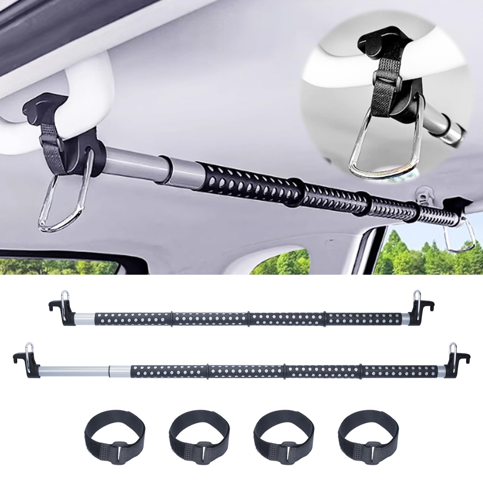aleawol 車用ハンガーバー 固定ストラップ付き ２本セット 伸縮自在91〜164cm 耐荷重40kg 滑り止め 車天井収納 純正内装を傷つけない | ドライブ・キャンプ・スキー・サーフィン・釣り用, 車内用多機能物干し竿, ロッドホルダー, 着脱簡単・脱落防止, ルーフグリップ付き乗用車・SUV・ミニバン・バンに対応