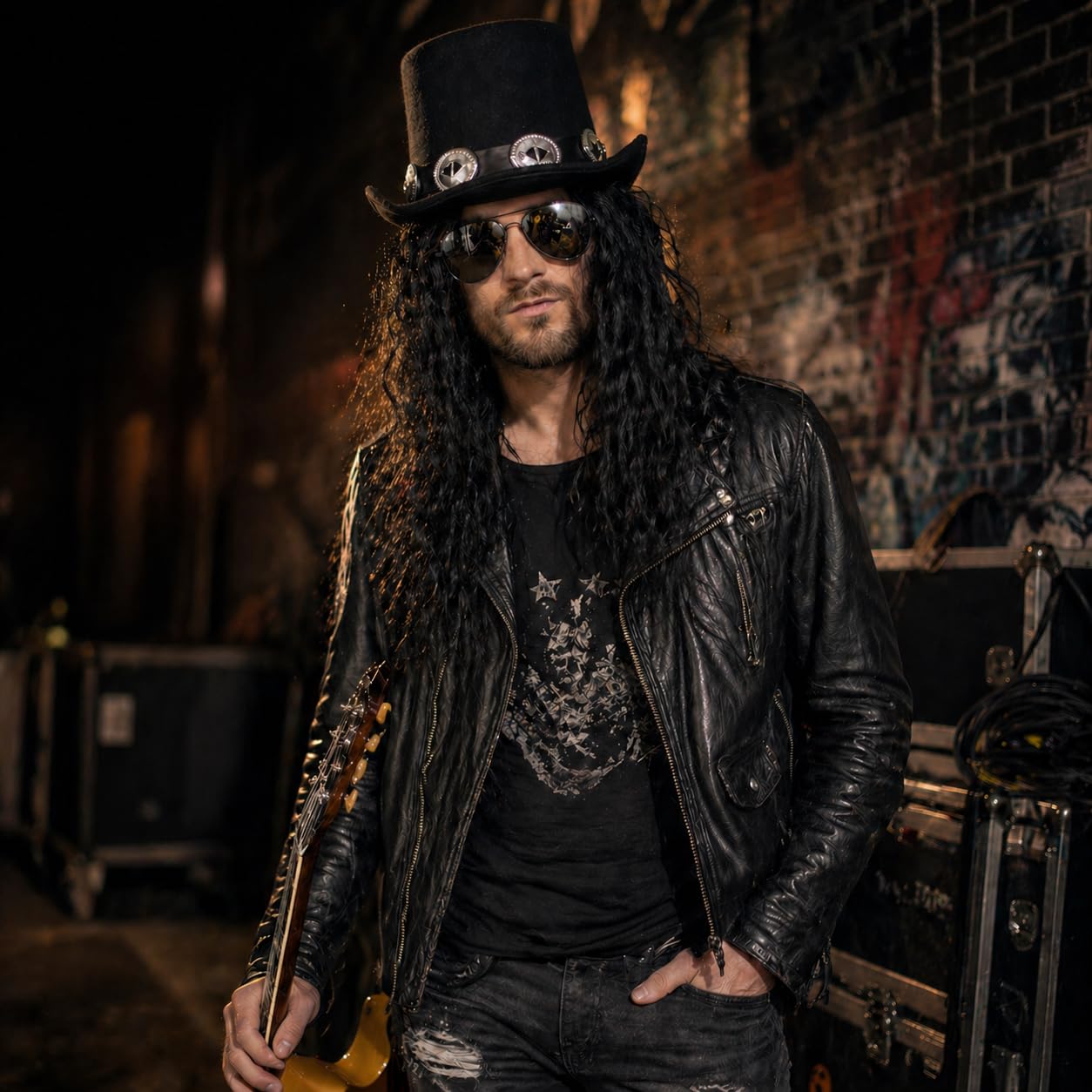 MIMIKRY Set costume da rocker con parrucca Slash, cappello a cilindro con capelli lunghi, occhiali a specchio, rock star anni '80, carnevale, Halloween