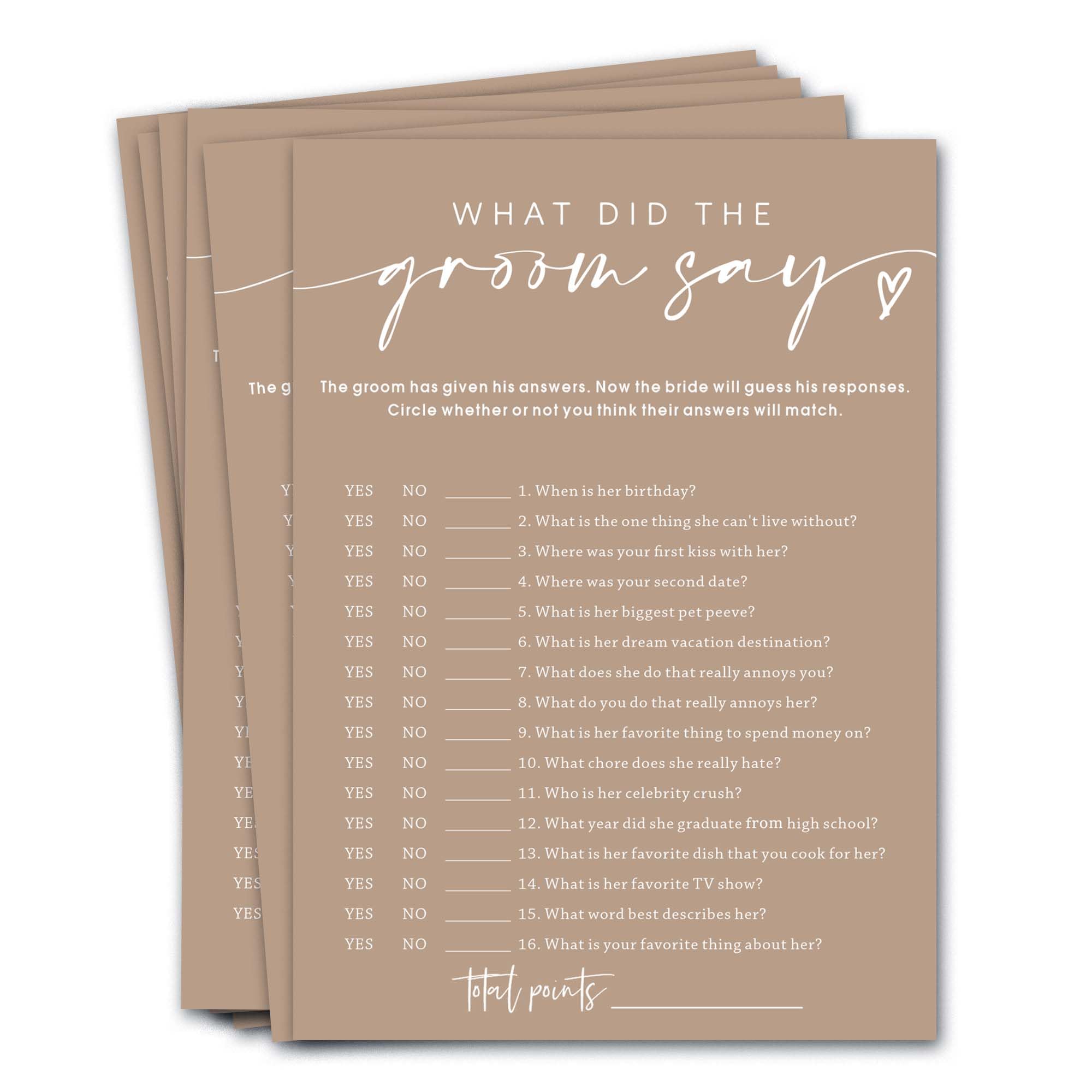 Tarjetas de juegos de despedida de soltera, What Did The Groom Say, juegos de despedida de soltera para 25 invitados, fiesta de compromiso, juegos de boda para invitados, suministros minimalistas de