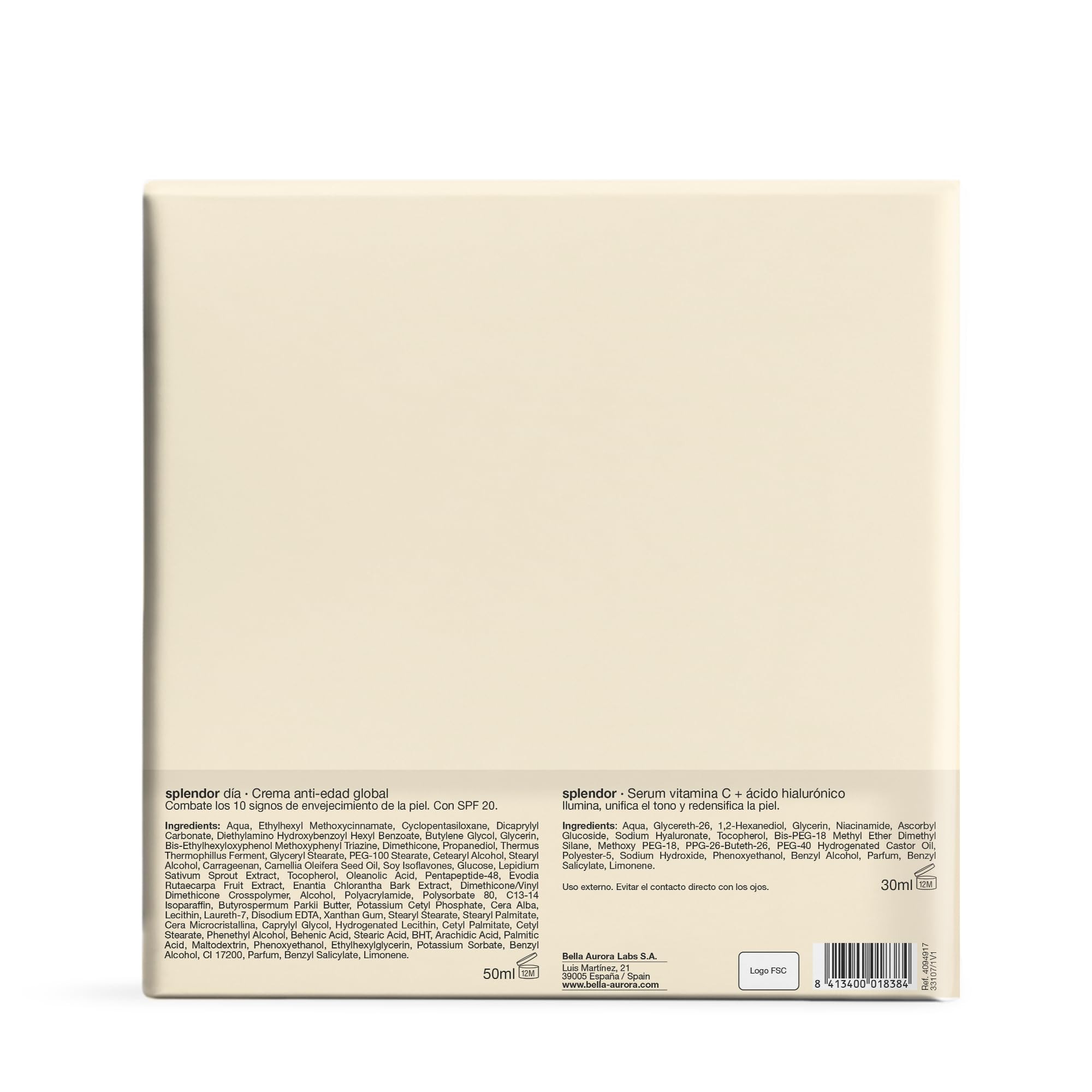 BELLA AURORA - Pack Antiedad Splendor, Crema Día 50 ml + Sérum 30 ml con Vitamina C y Ácido Hialurónico, Tratamiento Antiedad, +50 Años, Efecto Lifting, Reparador y Antioxidante