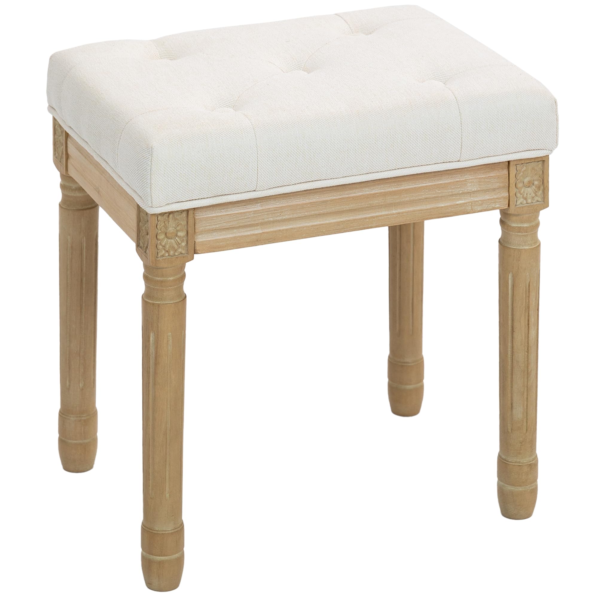 HOMCOM Reposapiés Salón Rústico, Taburete Bajo Tapizado en Lino Sintético con Patas Talladas de Madera, Otomana para Dormitorio, Sofá, Beige