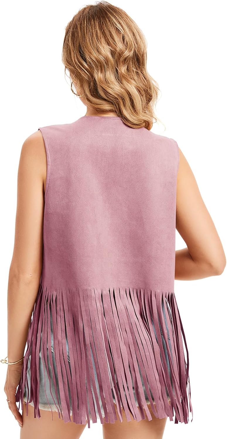 Women's Fringe Vest 60s 70s Hippie Vest Sleeveless Cowgirl Western Faux Suede rivet tassel denim jacket, Halloween - Image 4